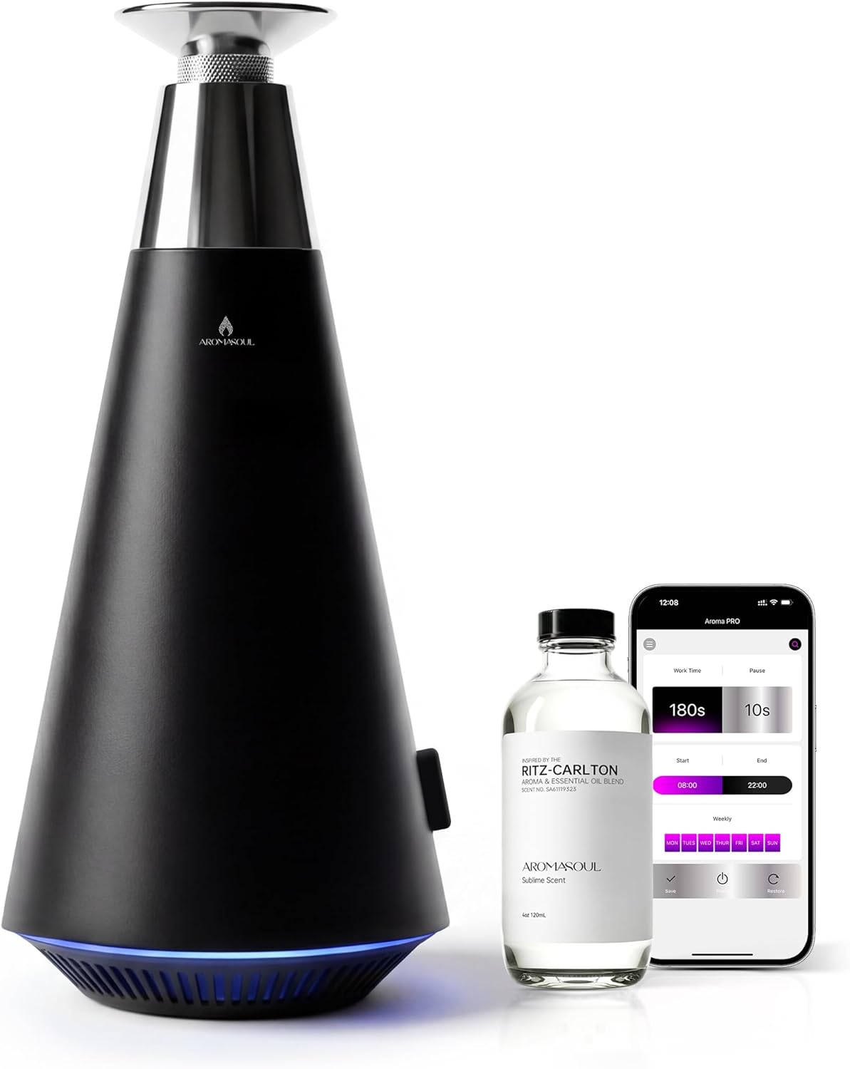 Wireless Rechargeable Waterless Scent Diffuser Starter Kit - 1500 Sq Ft Coverage,Alloy Atomization System,Mood Light, Hotel Scent Diffuser, Including 120ml Essential Oil, for Home,Large Room,Spa,Black