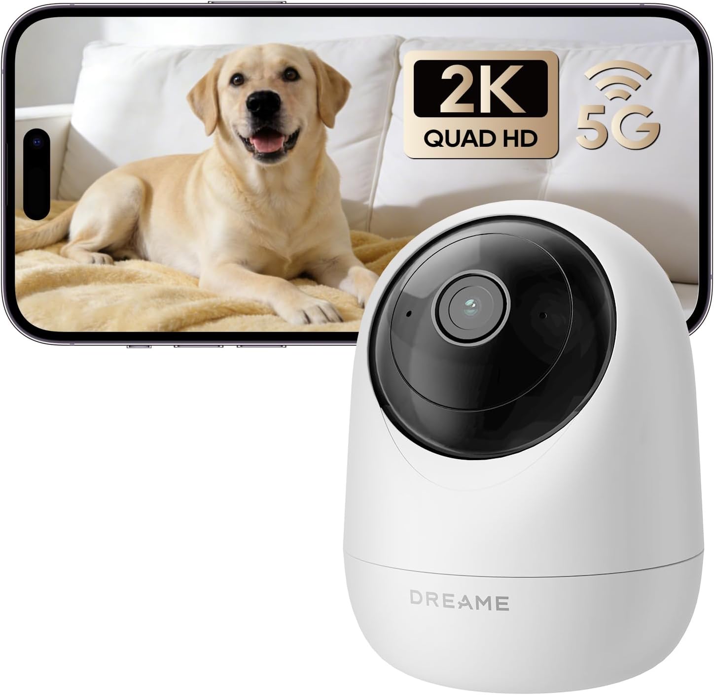 DREAME Pet Dog Camera, 2K 3MP Indoor Security Camera Motion Detection, 5G/2.4G Dual-Band Wi-Fi, Physical Privacy Mode, Night Vision, 2-Way Audio, Cloud & SD Card Storage, Works with Alexa & Google