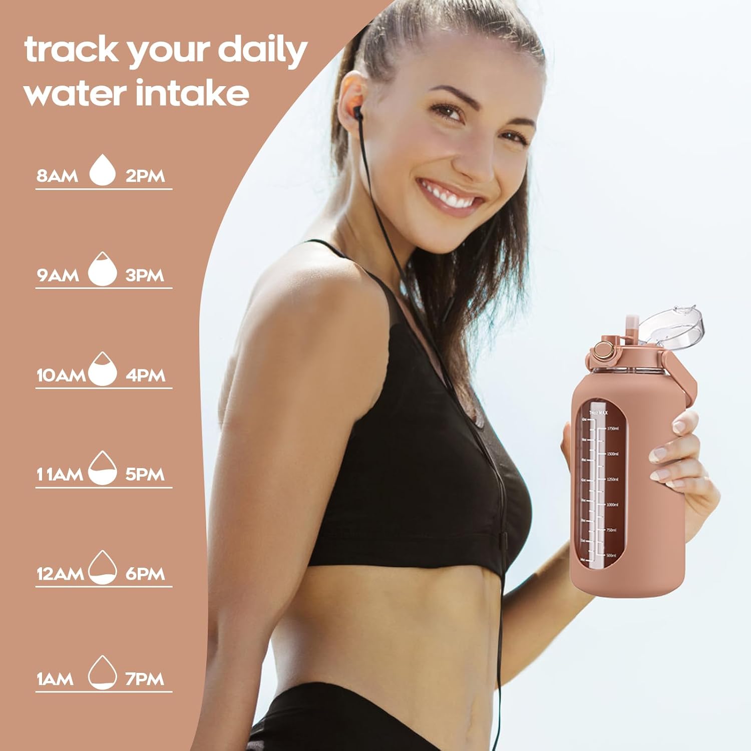 74 oz Glass Water Bolttles with Straw Large Motivational Water Bottle with Time Marker Sports Water Bottles with Silicone Sleeve and Handle Lid 2.2L Water Jug for Gym Workout - Image 4