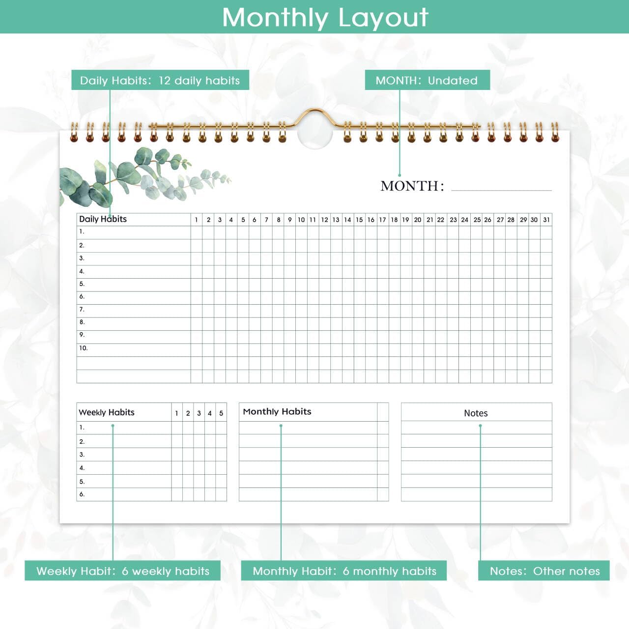 Habit Tracker Calendar - 12 Months Undated Daily Planner, 8"x10", Weekly & Monthly Period Habit Tracker Journal, Floral, Spiral Binding with Writable Goals Habits Track - Image 3