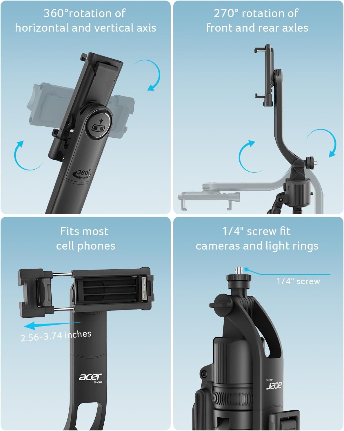 Acer Gadget Auto Face Tracking Tripod for iPhone/Cell Phone/Android/Camera with Light and Remote, 64", No App, 360°Rotating Tripod Selfie Stick for Tiktok YouTube Vlog Live Streaming Video Recording - Image 8