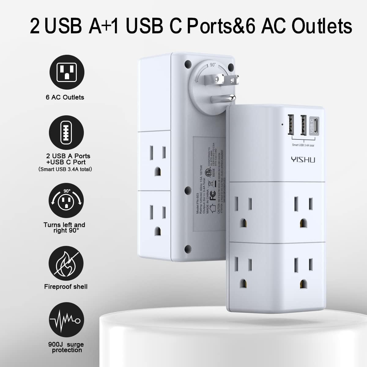 USB Multi Plug Outlet Extender - YISHU Surge Protector with Rotating Plug, 6 AC Plug Extender with 3 USB Ports, 3-Sided Swivel Power Strip Best Ideal Stocking Stuffers for Adults - Image 2