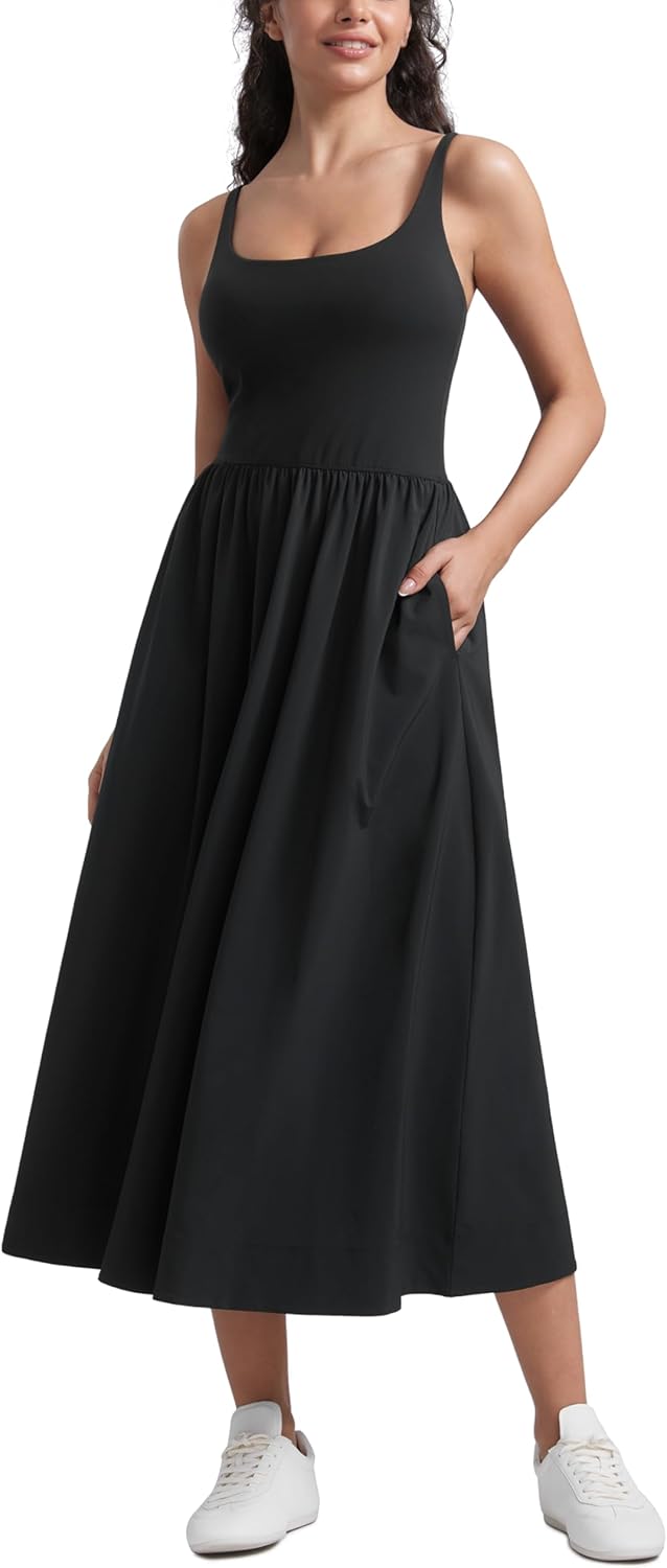 CRZ YOGA Square Neck Maxi Dress for Women - Flowy Sleeveless Padded Travel Casual Outfits with Side Pockets