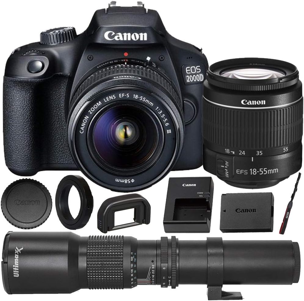 Canon EOS 2000D (Rebel T7) DSLR Camera with EF-S 18-55mm f/3.5-5.6 DC III Lens & Deluxe Accessory Bundle – Includes: 500mm Preset Telephoto Lens and More (Renewed)