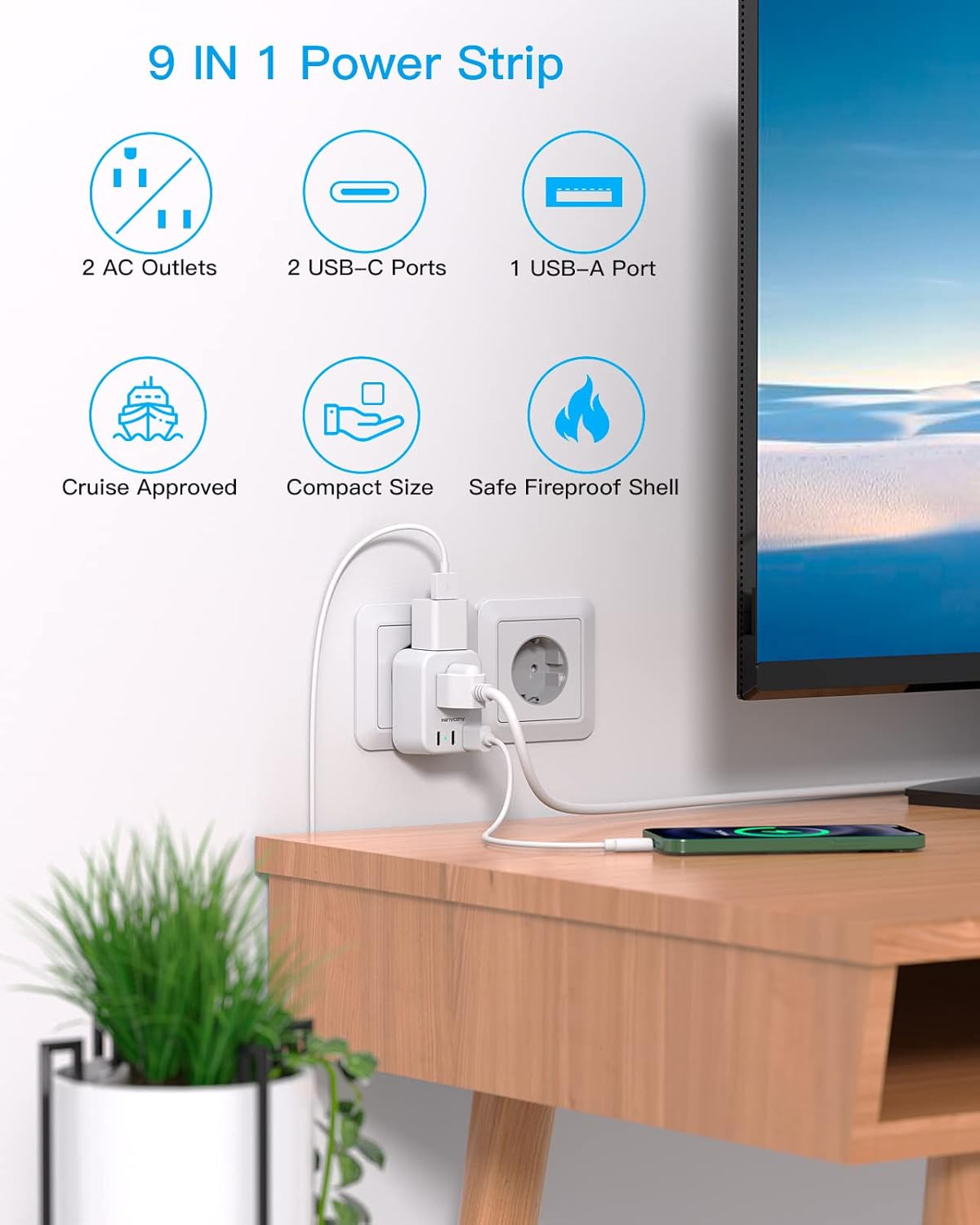 European Travel Plug Adapter USB C, HANYCONY International Plug Adapter, US to Europe Adapter Plug 2 Outlets 3 USB Ports(2 C Port), Type C Power Adapter to Italy Spain France Portugal Iceland Germany - Image 2