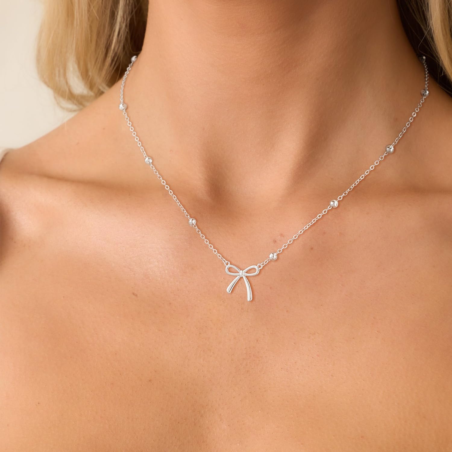 Easter Basket Stuffers - Dainty Bow Necklace for Women 14K Gold Plated Cute Choker Small Pendant Charm Necklaces Teen Gift Trendy Stuff Personalized Jewelry - Image 4