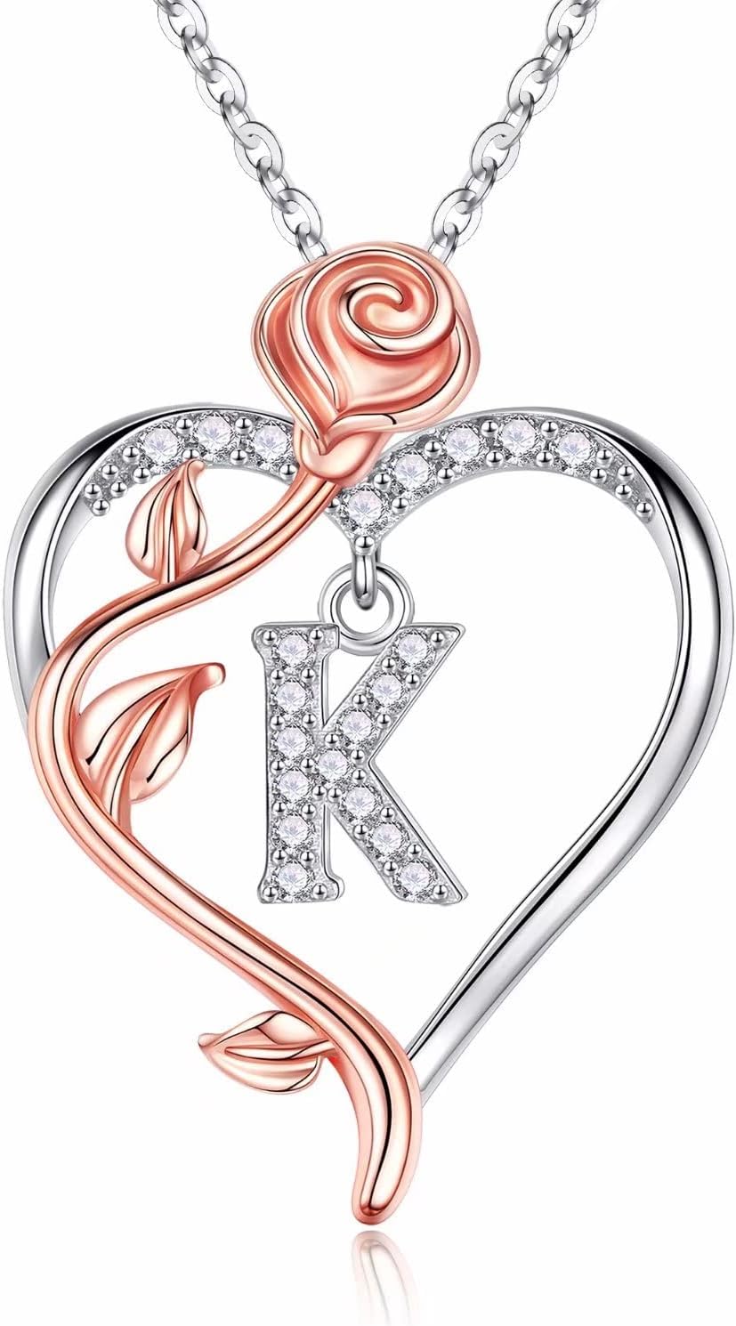Iefil Easter Gifts for Women Wife - 925 Sterling Silver Rose Heart Initial Necklace, Anniversary Birthday Gifts for Women, Jewelry Gift for Her Wife Girlfriend