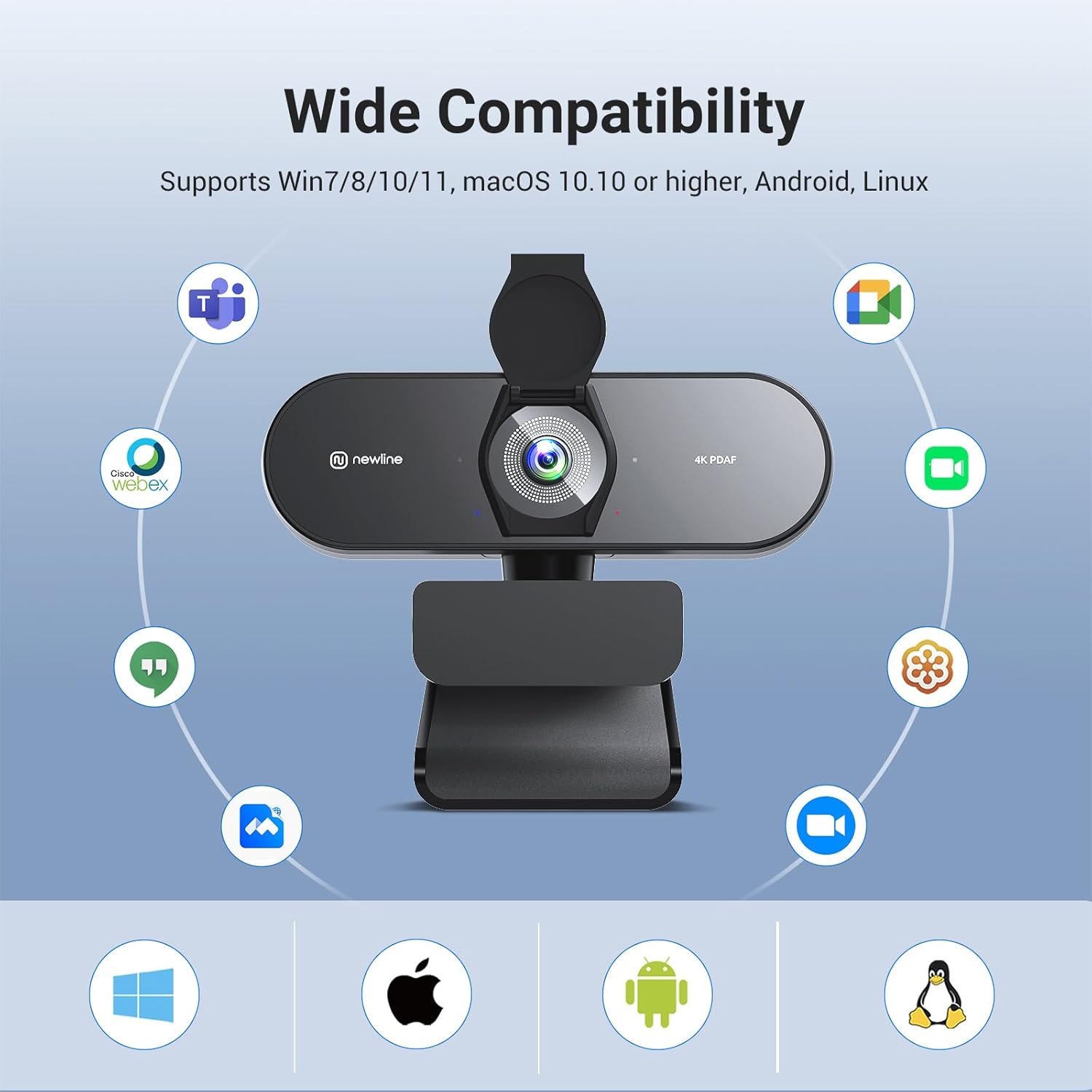 N newline 4K Webcam for PC, PDAF/CDAF Autofocus, 1080P@60FPS, 79° FOV, Auto Light Correction, 2 Noise Reduction Mics, Privacy Cover, USB-A, Streaming Camera for Skype, Teams, Online Meeting, NewEye 62 - Image 8