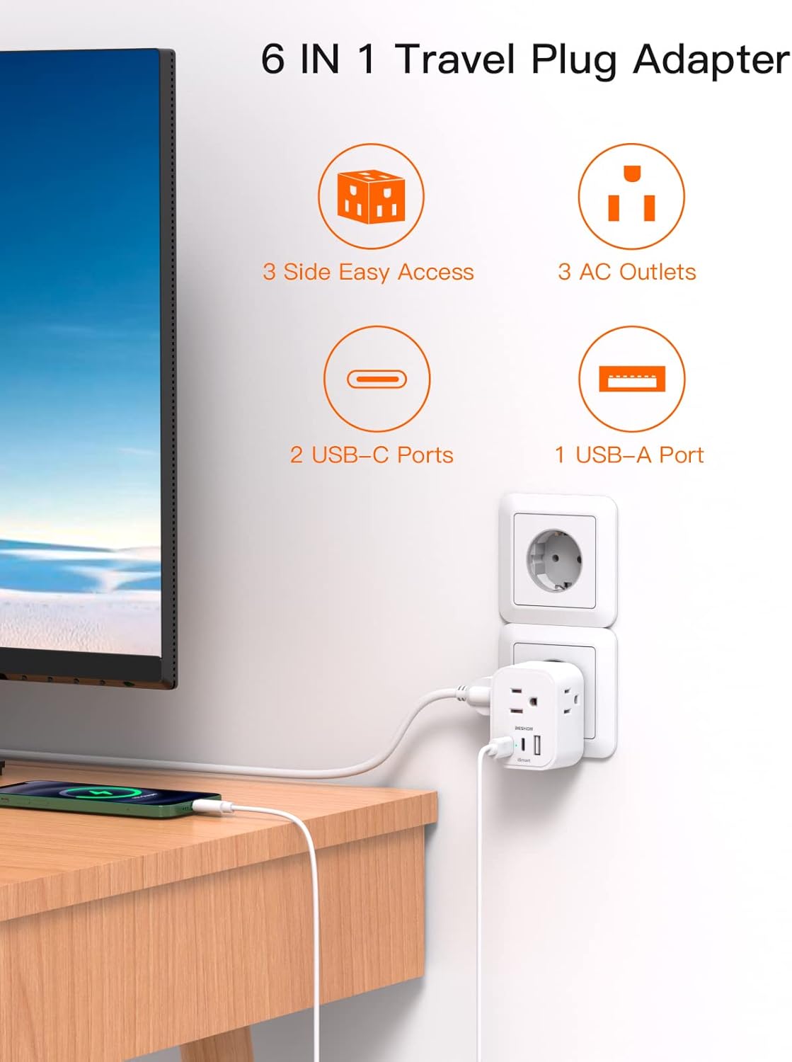 【2-Pack】 European Travel Plug Adapter, BESHON International Power Plug Adapter with 3 Outlets 3 USB Ports(2 USB C), Type C Plug Adapter Travel Essentials to Most Europe Spain Italy France Germany - Image 2