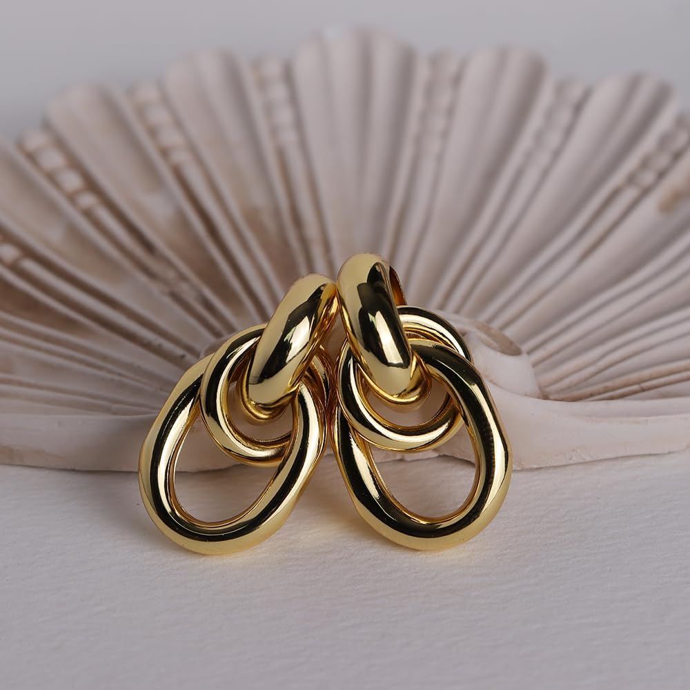 JeanBeau Gold Chunky Statement Drop Dangle Earrings for Women, Trendy Vintage Thick Door Koncker Lightweight Hollow Geometric stud Earring Fashion Jewelry Gift. - Image 7
