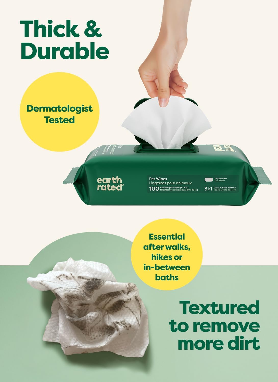 Earth Rated Pet Wipes for Dogs and Cats, Hypoallergenic, 3-in-1 Cleaning, Deodorizing and Hydrating, for Grooming Paws, Body and Butt, Unscented, 100 Count - Image 3