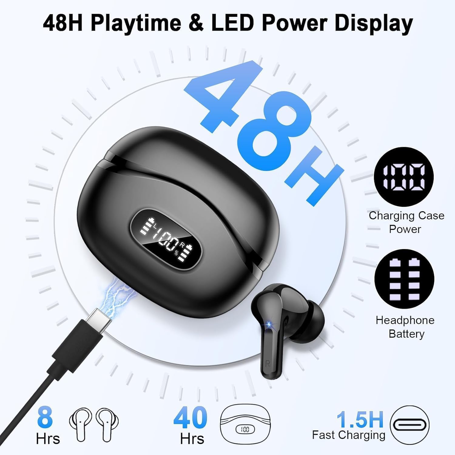 Wireless Earbuds, Bluetooth Headphones 5.4 HiFi Stereo, Ear Buds with 4 ENC Noise Cancelling Mics, 48H Bluetooth Earbuds with Dual LED Display, IP7 Waterproof in Ear Earphones for Android iOS, Black - Image 4