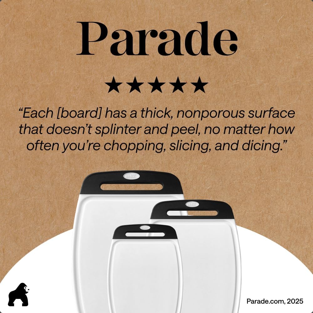 GORILLA GRIP BPA-Free Reversible Kitchen Cutting Board Set of 3, US Designed, Nonporous, Juice Grooves Catch Liquid, Slip Resistant Border, Dishwasher Safe, Durable Large Food Chopping Boards, Black - Image 9