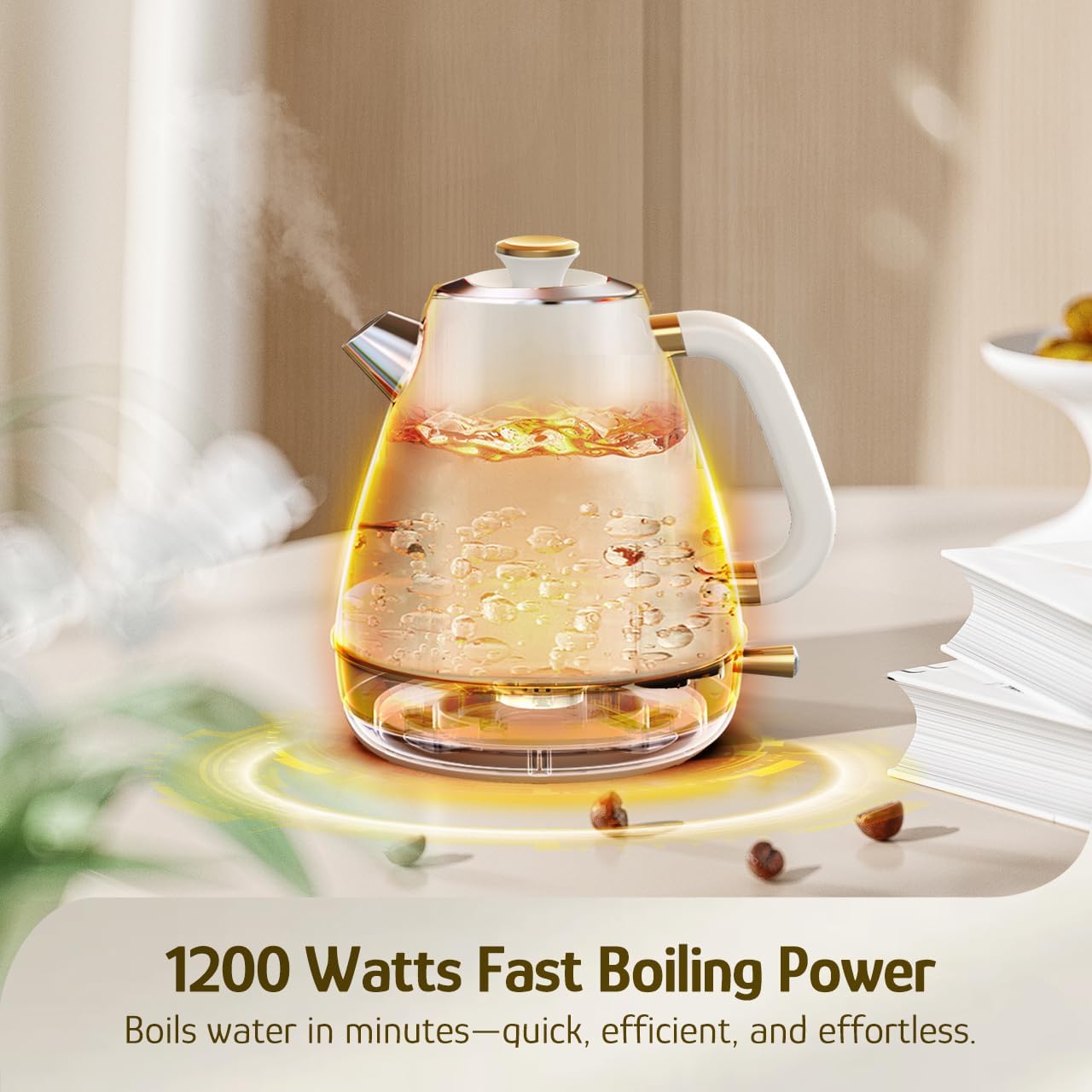 Hazel Quinn Retro Electric Kettle - 1.7 Liters / 57.5 Ounces Tea Kettle with Thermometer, All Stainless Steel, 1200 Watts Fast Boiling, BPA-free, Cordless, Automatic Shut Off - Pearl White - Image 5