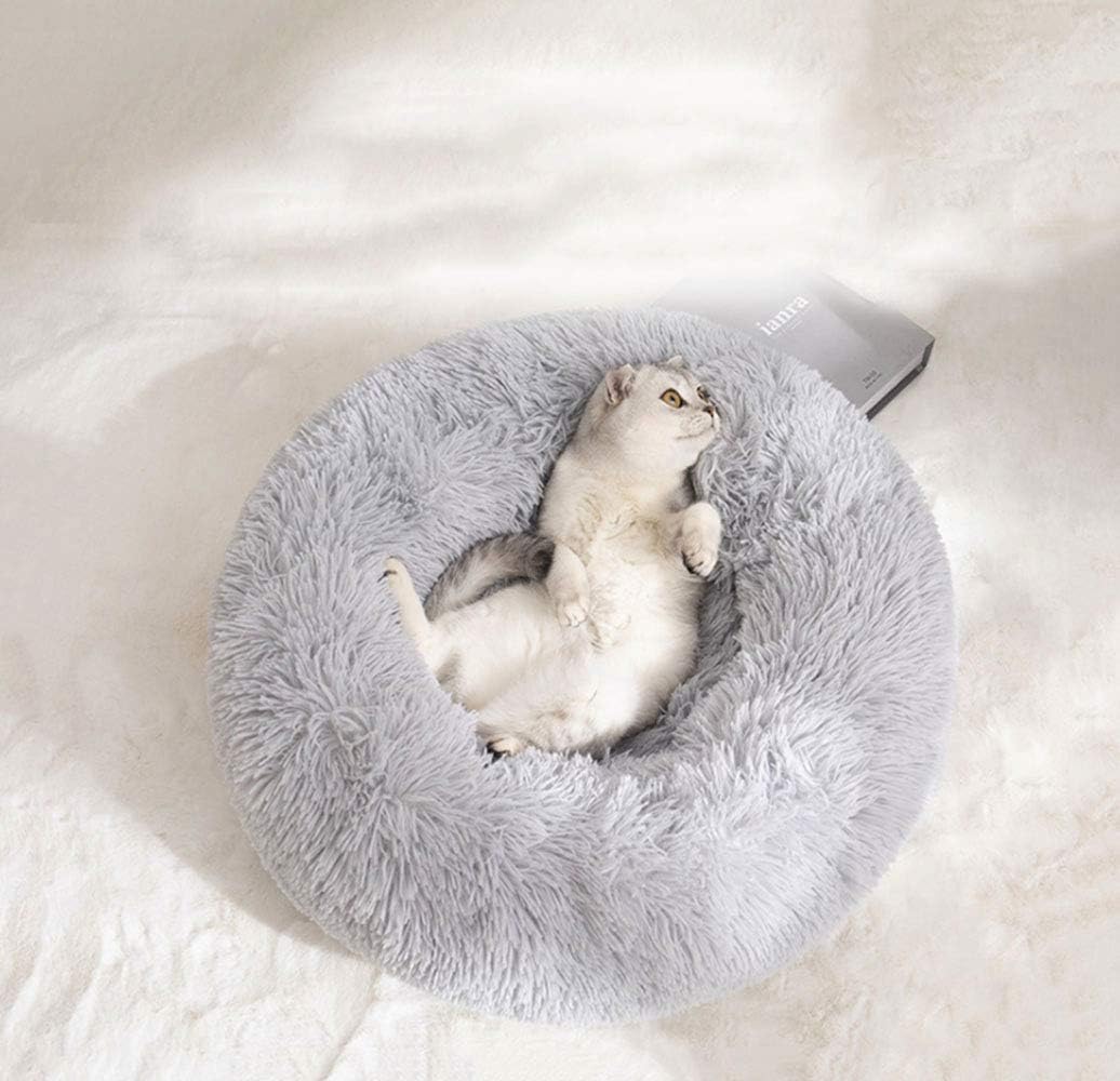 BODISEINT Modern Soft Plush Round Pet Bed for Cats or Small Dogs, Mini Medium Sized Dog Cat Bed Self Warming Autumn Winter Indoor Snooze Sleeping Cozy Kitty Teddy Kennel (20'' D x 8'' H, Light Grey) - Image 4