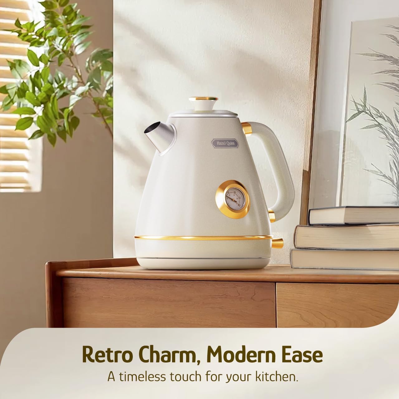 Hazel Quinn Retro Electric Kettle - 1.7 Liters / 57.5 Ounces Tea Kettle with Thermometer, All Stainless Steel, 1200 Watts Fast Boiling, BPA-free, Cordless, Automatic Shut Off - Pearl White - Image 2