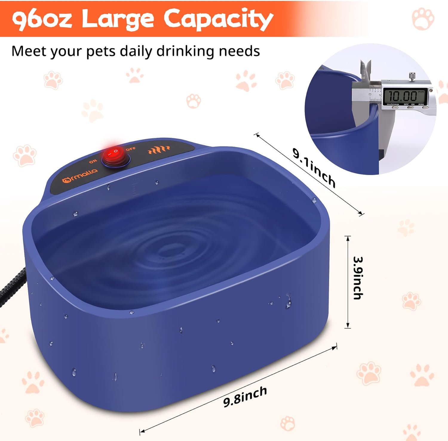 Heated Dog Bowl, 96oz/2.8L Outdoor Heated Water Bowl for Dogs, Cats, Chickens and Squirrels, Heated Pet Bowl with Chew Resistant Power Cord and ON/Off Switch, 35W - Image 6