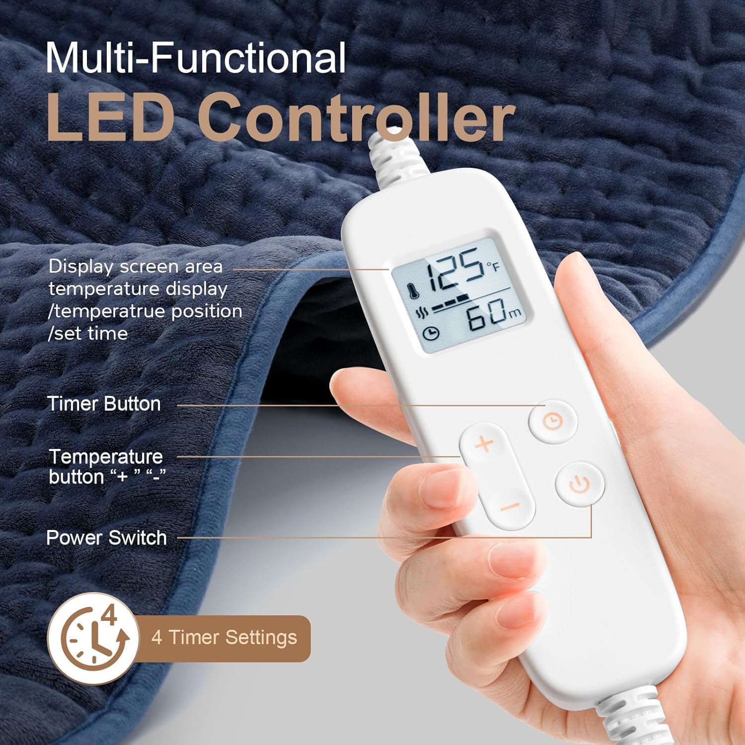 VAAGHANM Heating Pad: 33 x 17 inches Electric Heating Pad for Back -Extra Large Heat Pad for Shoulder/Neck/Knee/Arms - Upgraded 6 Timer & 6 Temperature Controller -Auto Shut Off - Image 6
