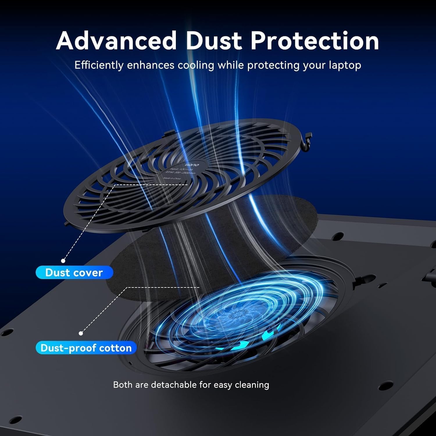 llano Gaming Laptop Cooler, V12 Laptop Cooling Pad Stand with 5.5inch Fan, Fast Cooling Computer Laptop 15.6-21in, Adjustable Speed, Touch Control, 3-Port USB A, A Mouse Pad Included - Image 3