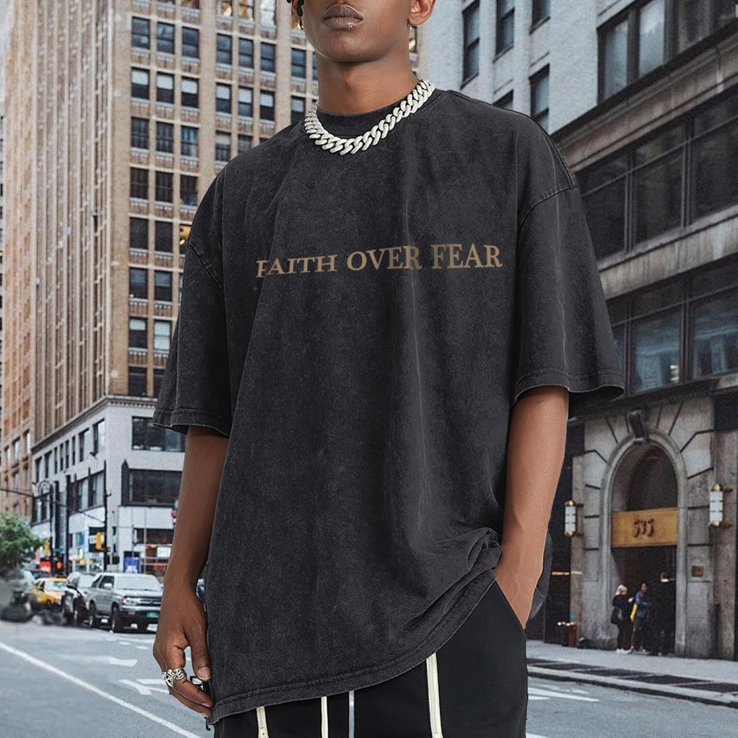 Christian Faith Over Fear Shirt for Men Jesus Religious Shirts Oversized Graphic Tees Acid Wash God T-Shirt - Image 2
