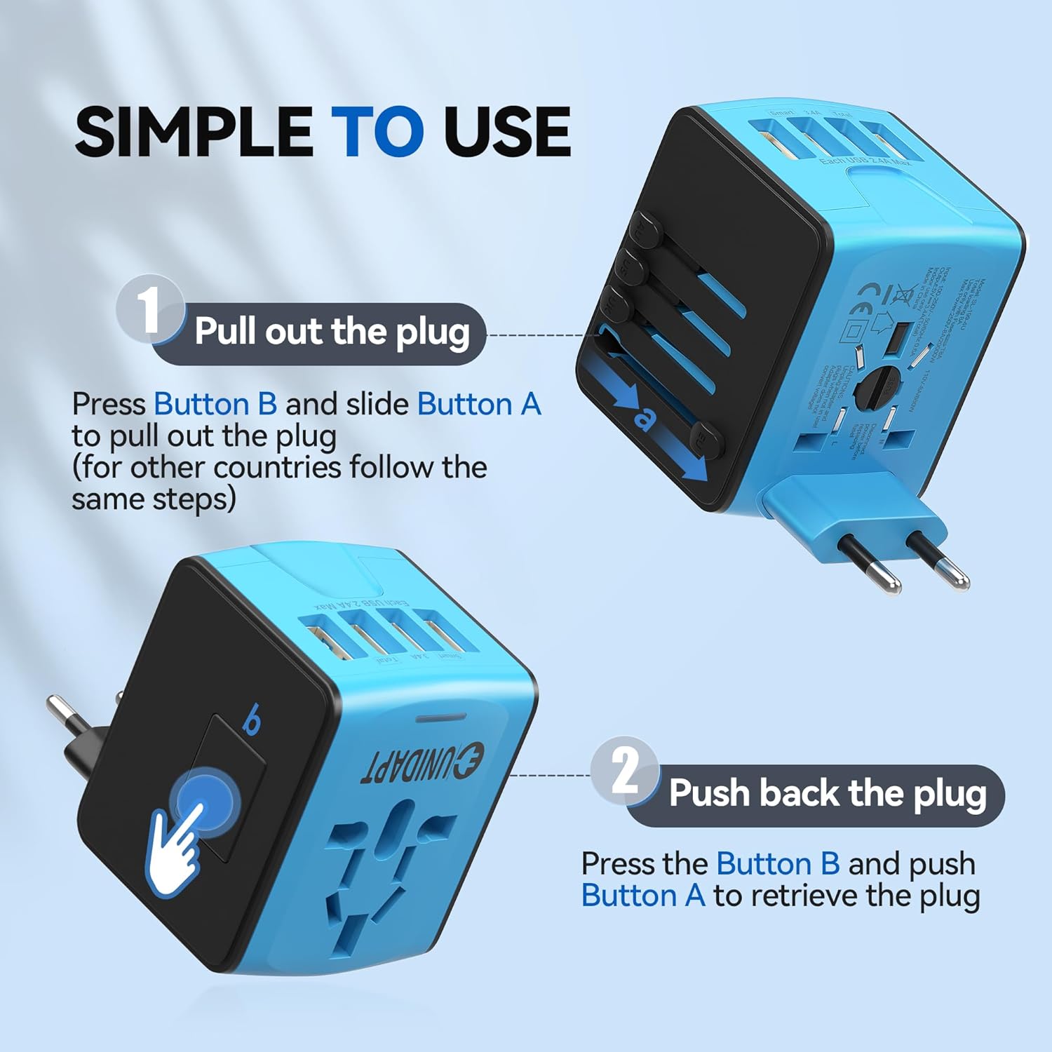 Unidapt Universal Travel Adapter, International Plug Adapter Fast 2,4A 4-USB European Power Plug, AC Wall Charger - Worldwide Outlet for Europe US USA UK EU AUS, Blue - Image 2