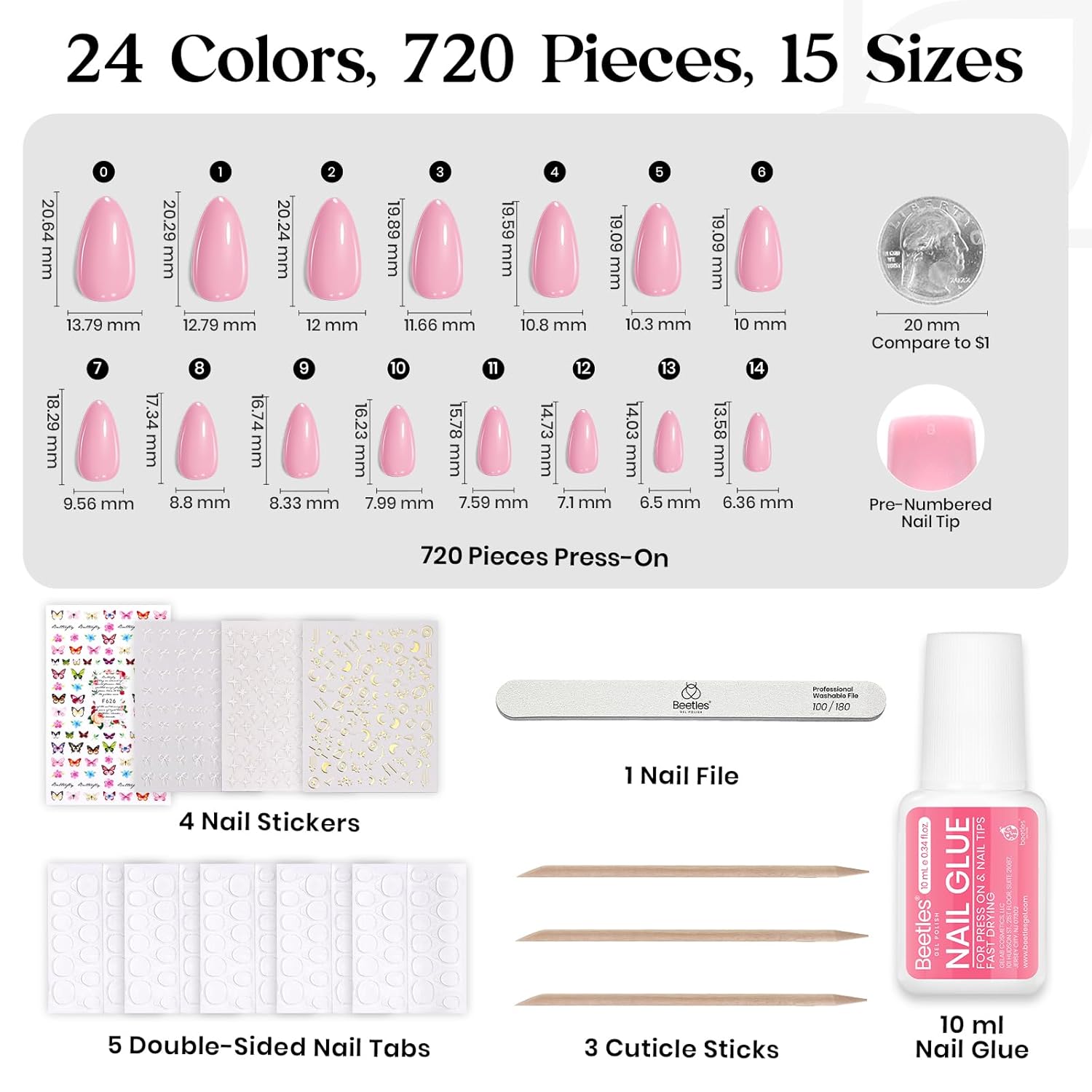 Beetles Press on Nails Kit 720Pcs 24 Colors, Short Almond Press on Nails Glossy Matte Glitter With Nail Glue & Nail Tabs Stickers, Natural Fit Lightweight Fake Nails Kit Art For Women Girls - Image 5