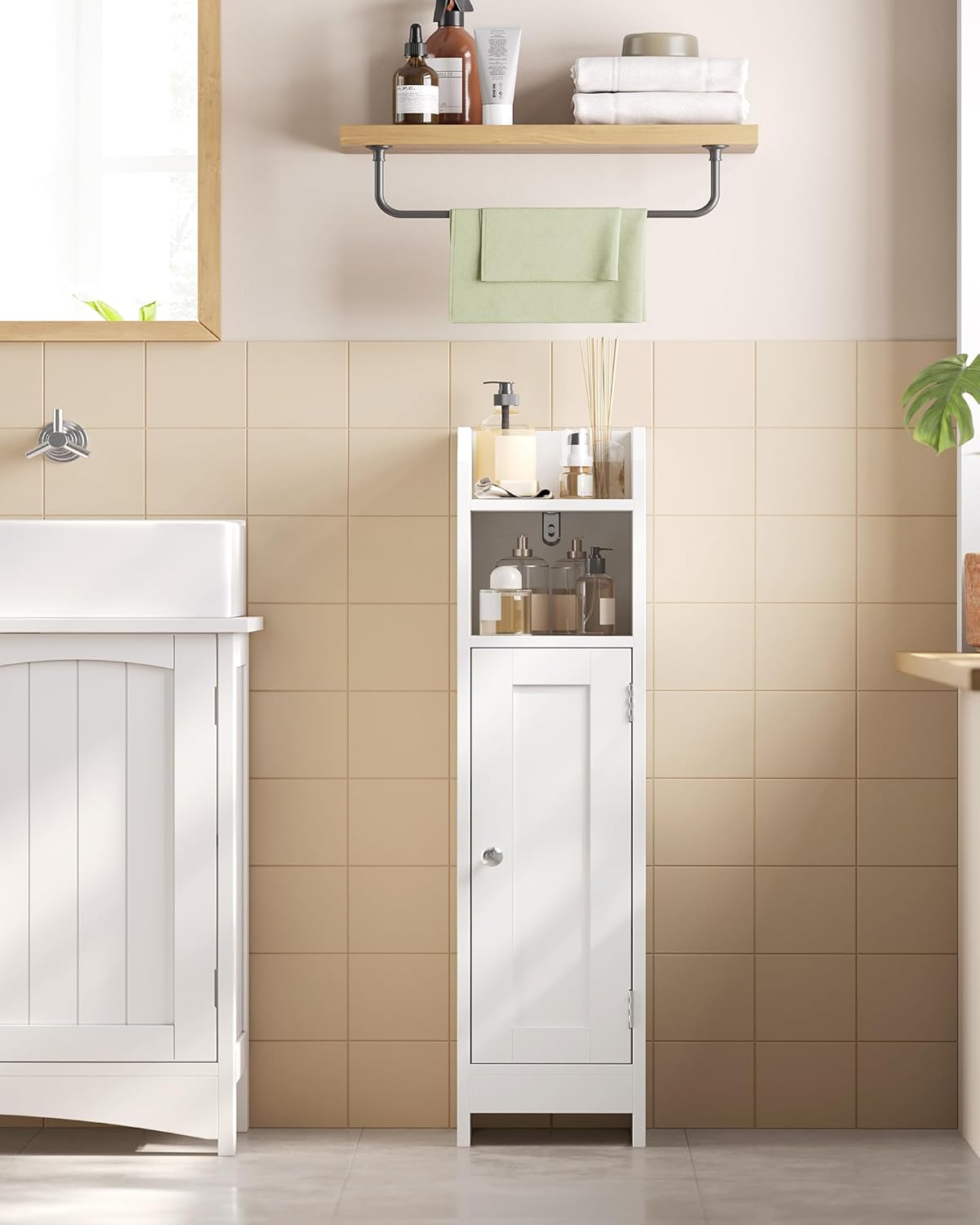 VASAGLE Small Storage Corner Floor Cabinet with Door, 7.9 x 7.1 x 31.5 Inches, Narrow Toilet Paper Storage Holder, Adjustable Shelves, for Bathroom, Living Room, Small Spaces, Cloud White UBBC310W01 - Image 8