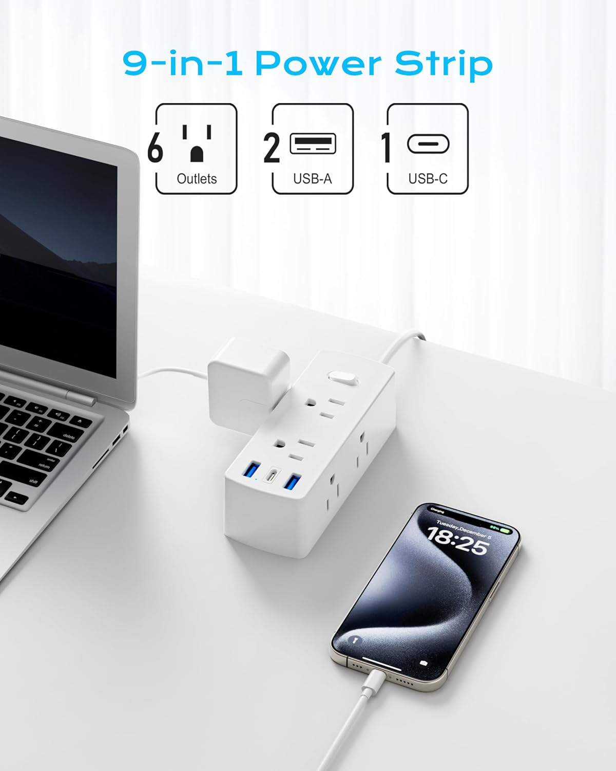 European Travel Plug Adapter, Olcorife Universal Travel Adapter for EU UK US AUS, 6 Outlets 3 USB Ports with 5ft Extension Cord, International Power Adapter for US to Europe UK AUS - Image 2