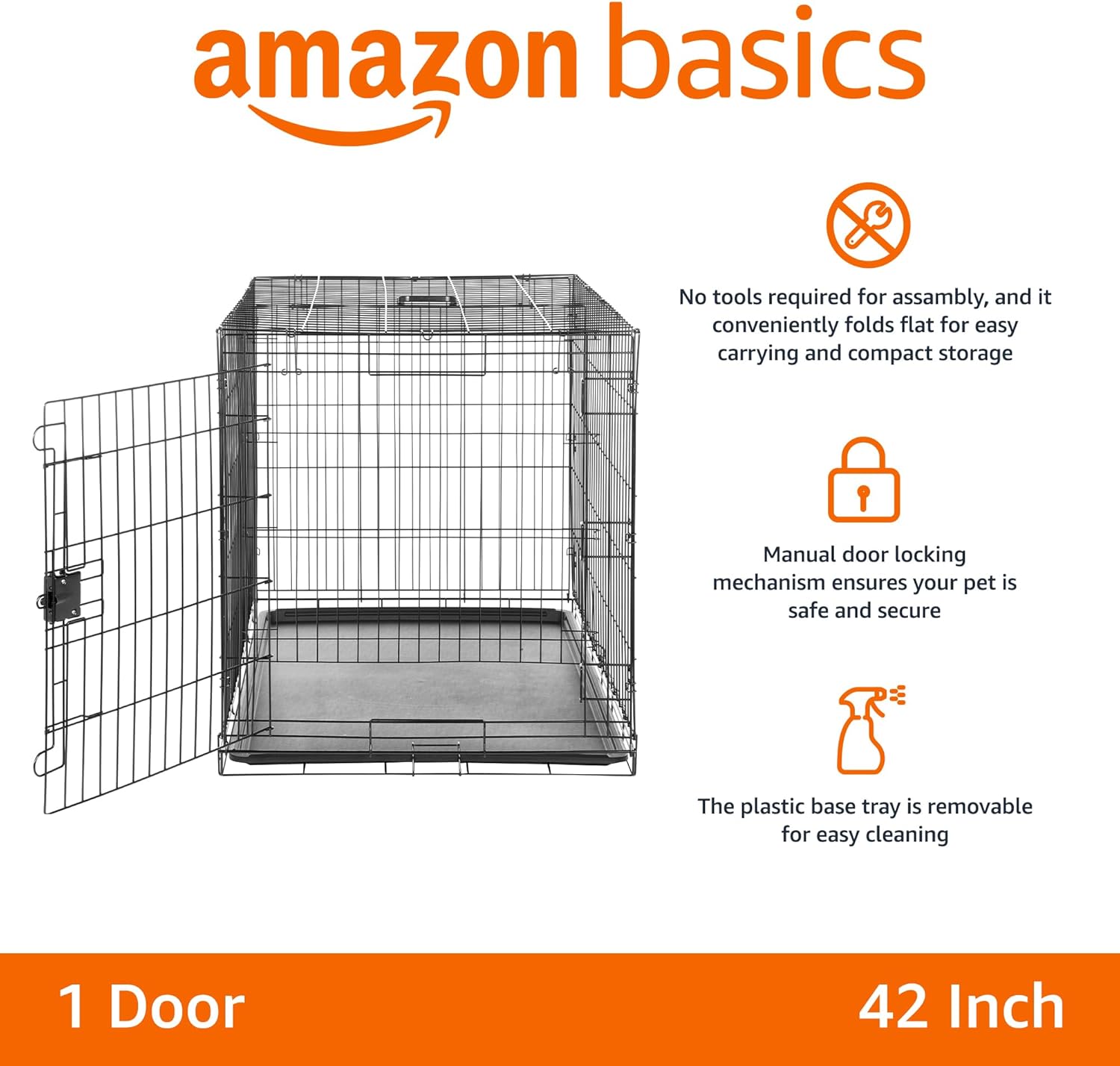 Amazon Basics - Durable, Foldable Metal Wire Dog Crate with Tray, Single Door, 42 x 28 x 30 in, Black - Image 2