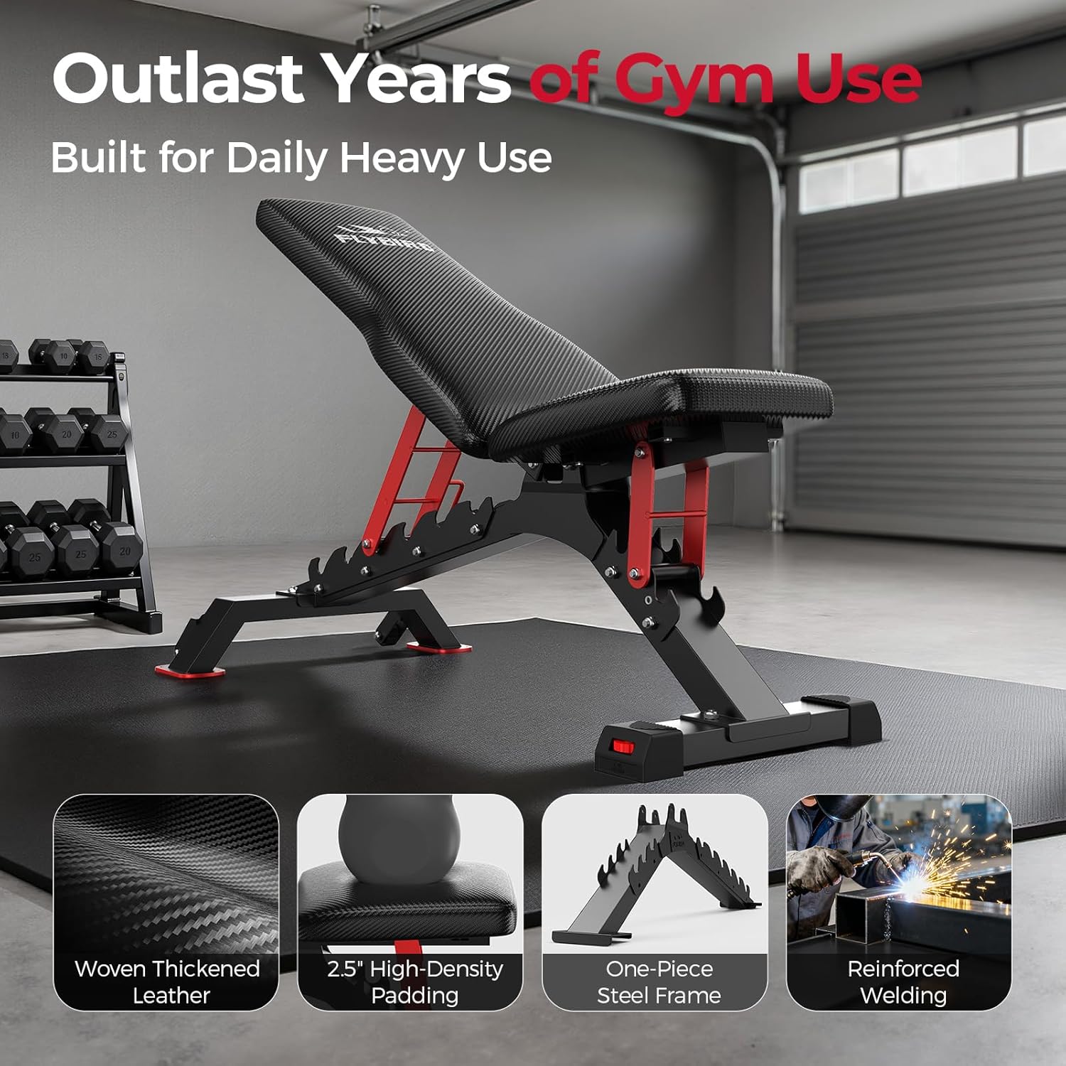 FLYBIRD Commercial Grade Adjustable Weight Bench - 1300LBS Capacity, 6+3 Positions for Ultimate Strength Training & Bench Press, with Easy-Roll Wheels - Image 4