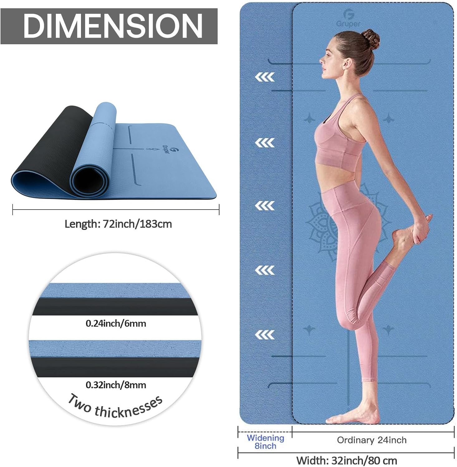 Gruper Yoga Mat Non Slip TPE Extra Wide Yoga Mat with Alignment Mark, 72"L x 32"W x 0.32"/0.24"Th (183cm x 80cm x 8mm/6mm), Anti-Tear Exercise Mat with Carrying Strap and Bag, Workout Mats for Yoga, Pilates - Image 3