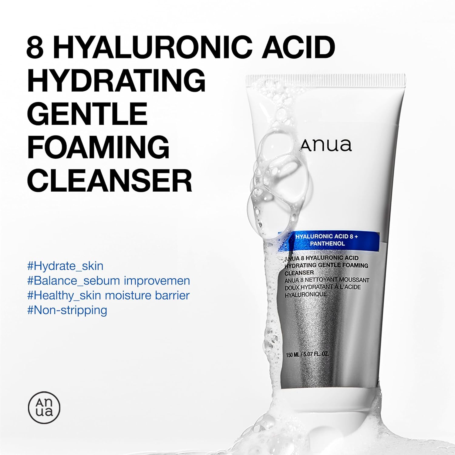 Anua Hydrating Gentle Foaming Cleanser, Hyaluronic Acid, Glycerin, Zinc, Panthenol, Korean Face Wash for Dry Skin, for Double Cleansing, Korean Skincare (150ml/5.07fl oz.) - Image 2
