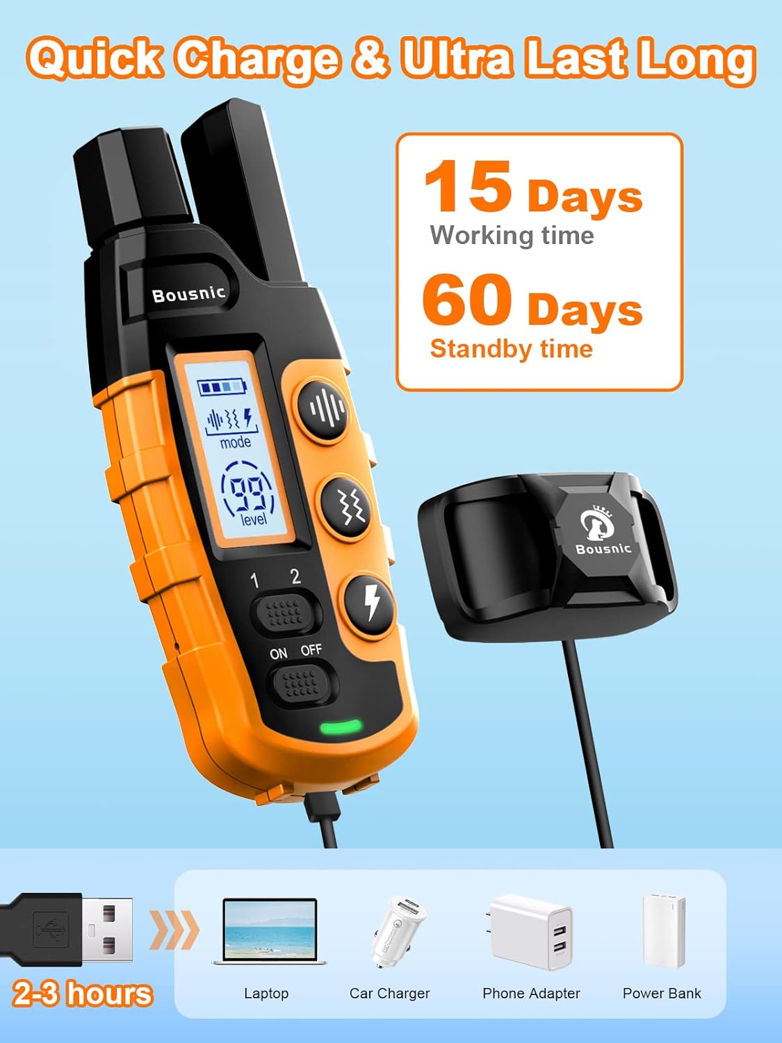 Bousnic Dog Shock Collar 2 Dogs (5-120Lbs) - 3300 ft Waterproof Training Collar for Dogs Large Medium Small with Rechargeable Remote, Beep (1-8) Vibration (1-16) and Humane Shock (1-99) Modes - Image 7