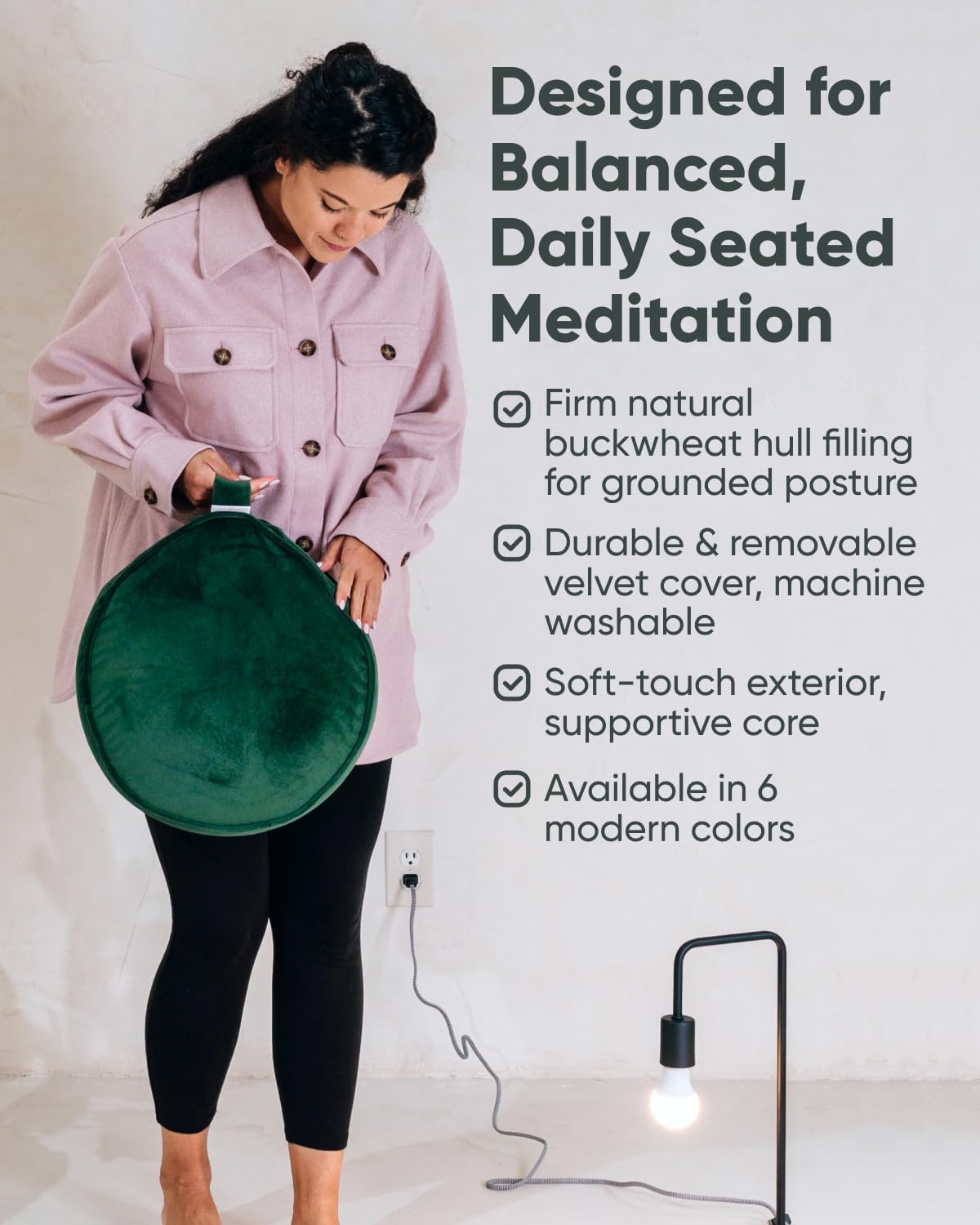 Mindful Modern Velvet Meditation Cushion | Luxe Zafu Yoga Floor Pillow Seat | Posture Support | Buckwheat Hull Filled | Large Round Cushion with Removable Washable Cover + Carry Handle - Image 4