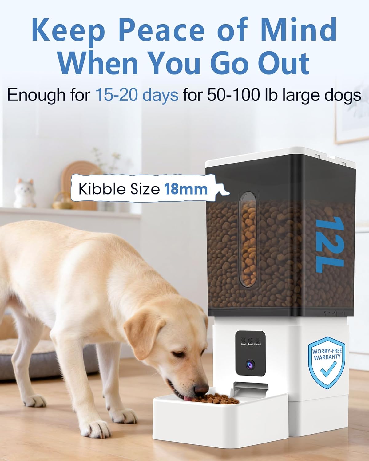 Large Dog Automatic Feeder with Camera: 12L/50 Cups Home Smart Dog Feeder for 20 Days Feeding - Anti-Clog with 20mm Wide Chute for Big Breed Owner - Image 2