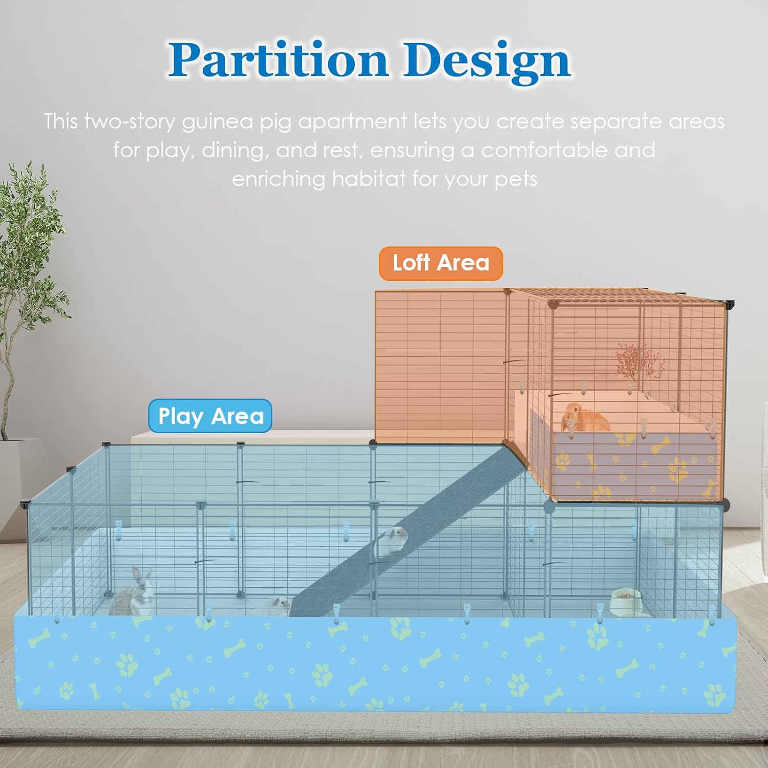 Guinea Pig Cages with Tarp and Bedding Pee Pad Liner, 2-Story Large Guinea Pig Playpen C&C Loft Cage for 2 Rabbit Bunny Chinchilla Small Animal Habitat for Indoor - Image 6
