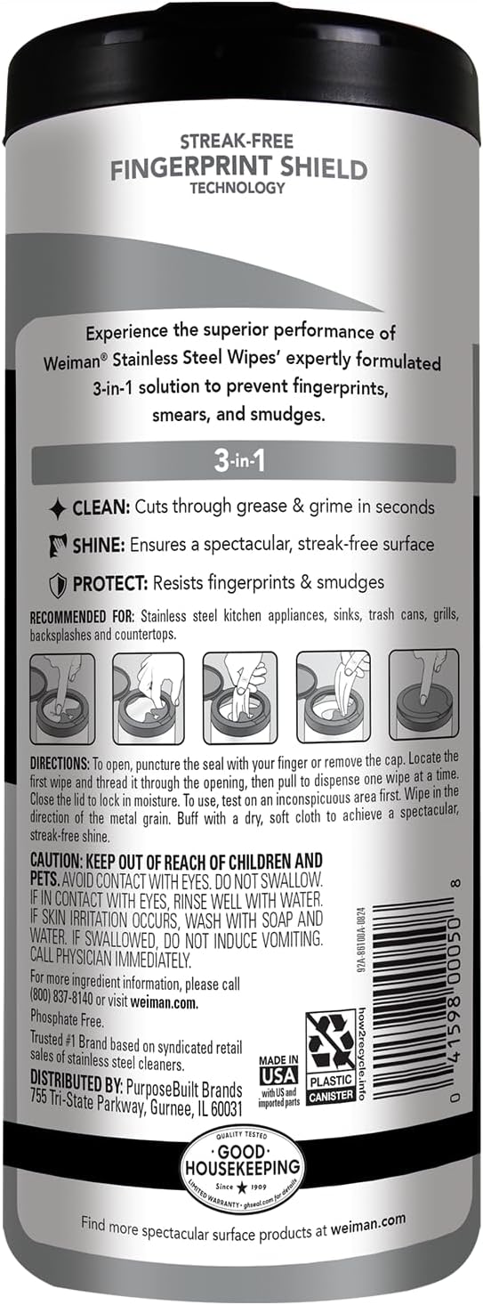 Weiman Stainless Steel Cleaner, 30 Count Cleaning Wipes, Removes Dirt, Grime, and Grease, No Streaks or Residue, Stainless Steel Polish for a Sparkling Clean and Shiny Surface, Cleaning Supplies - Image 2