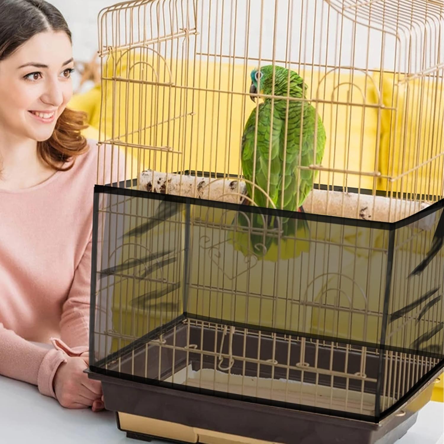 Daoeny Large Bird Cage Cover, Bird Cage Seed Catcher, Adjustable Soft Airy Nylon Mesh Net, Birdcage Cover Skirt Seed Guard for Parrot Parakeet Macaw African Round Square Cages (Black) - Image 5