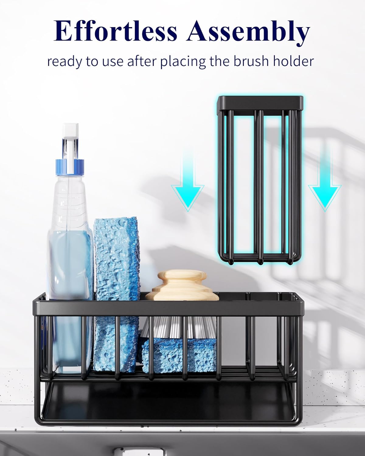 Kitsure Sponge Holder for Kitchen Sink - Rustproof Stainless Steel Sink Caddy Organization and Storage Essentials with High Brush Holder, Home Decor Accessories, 7.9" x 3.7" x 6.2", Black - Image 6