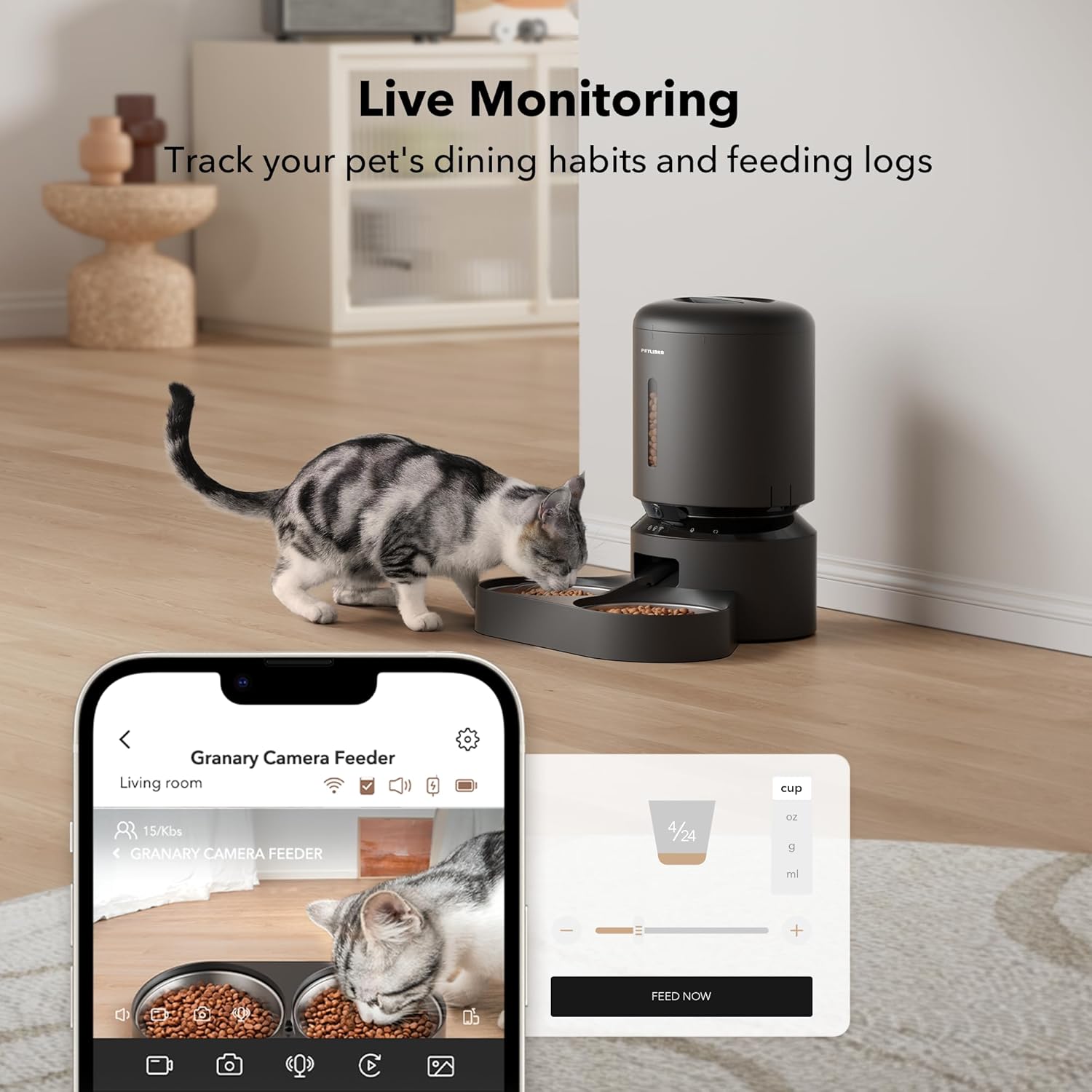 PETLIBRO Automatic Cat Feeder with Camera for Two Cats, 1080P HD Video with Night Vision, 5G WiFi Pet Feeder with 2-Way Audio for Cat & Dog, Low Food & Motion & Sound Alerts, Dual Tray, Black 5L - Image 5
