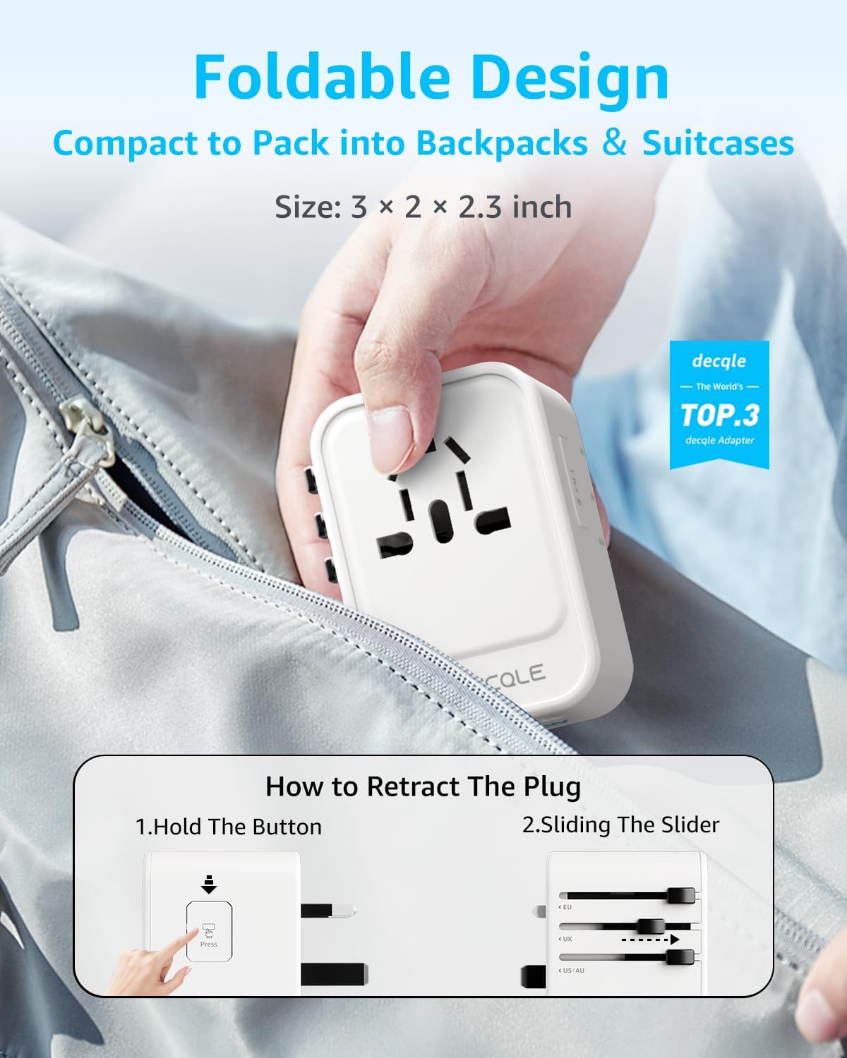 Universal Travel Adapter, International Travel Plug Adapter with 2 USB-C(PD 20W) & 1 USB-A Ports, All in One Portable Adaptor, for USA, UK, EU, AU & 224+ Countries (White) US - Image 4