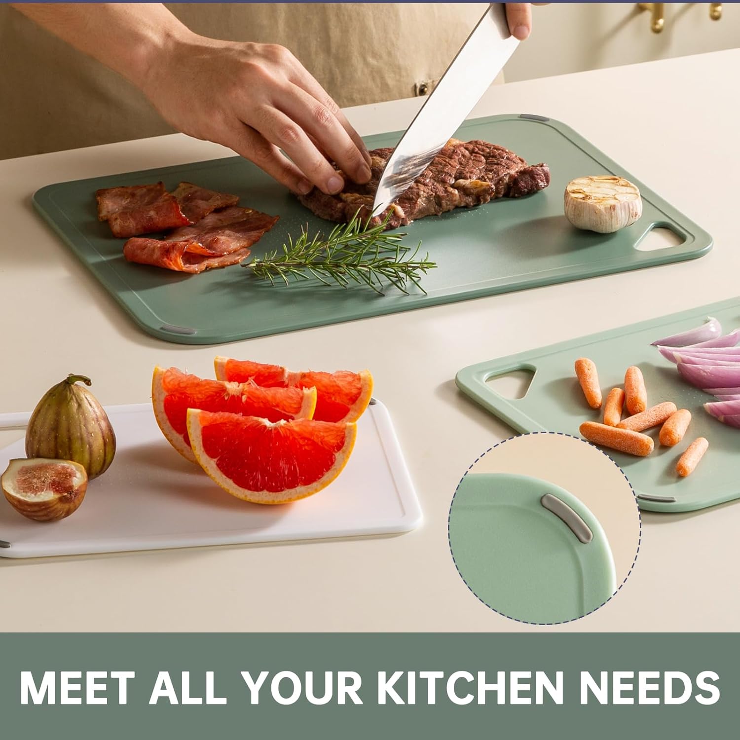 Plastic Cutting Board Set of 3-Cutting Boards for Kitchen BPA Free, Large-Small Chopping Boards Non-Slip for Cooking Camping Dishwasher Safe, Reversible, with Grip Handle, 15"×10"×0.6" Green - Image 6