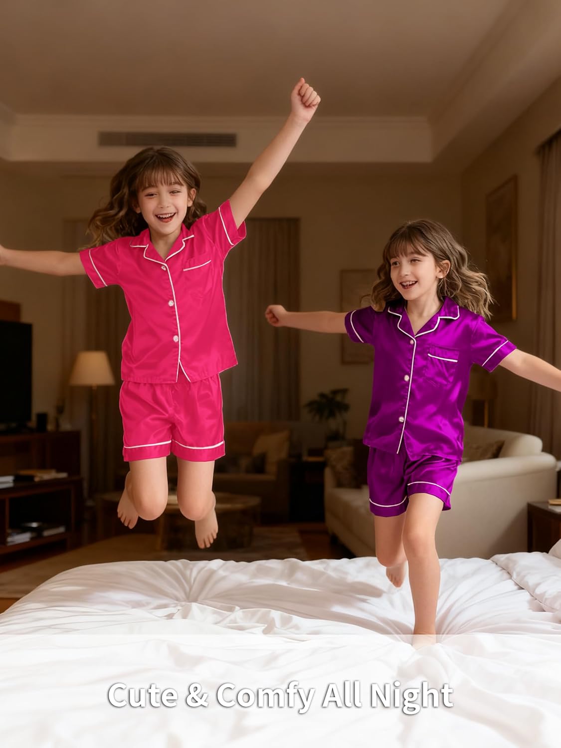 Girls 2 Packs Pajamas Set Satin Silky Short Sleeve Button Down Pjs Soft Sleepwear Sets for Kids Gift, Size 4Y-12Y - Image 5