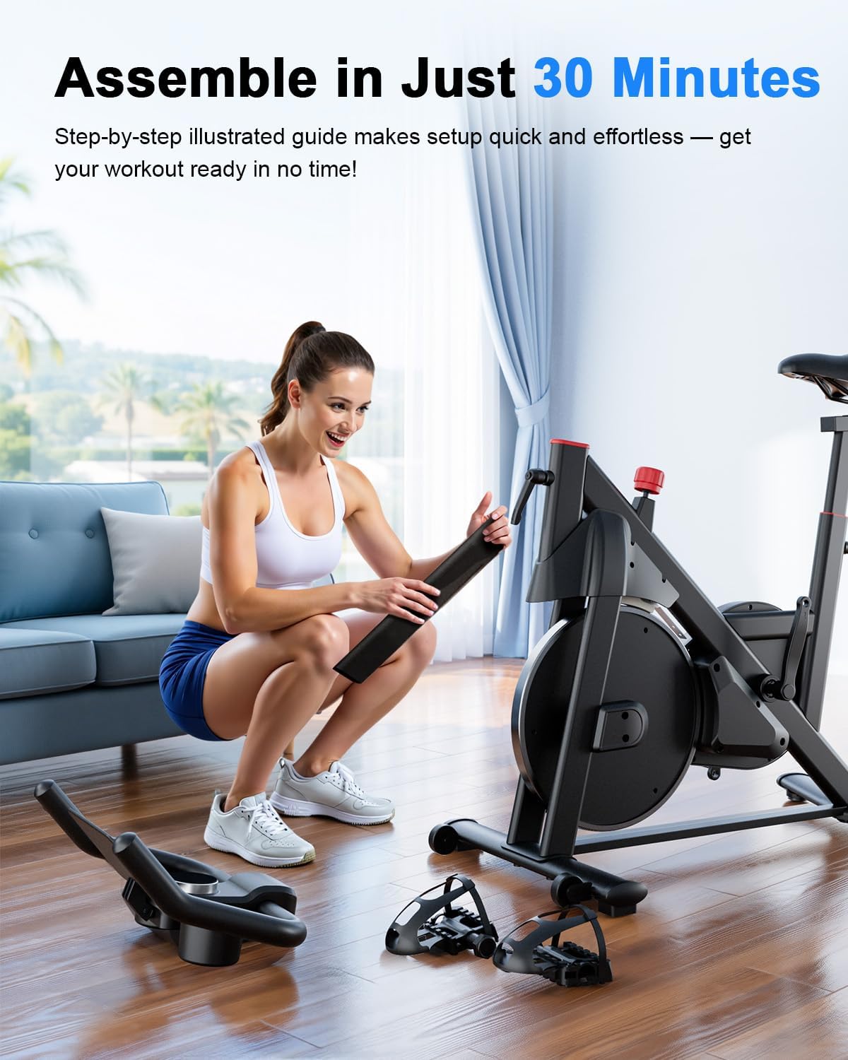 Superun Exercise Bike, Stationary Bikes for Home with Brake Pad, Low Noise Spin Bike with 300LBS Weight Capacity, Indoor Cycling for Home Gym with Pad Mount LCD Monitor and Cup Holder - Image 9