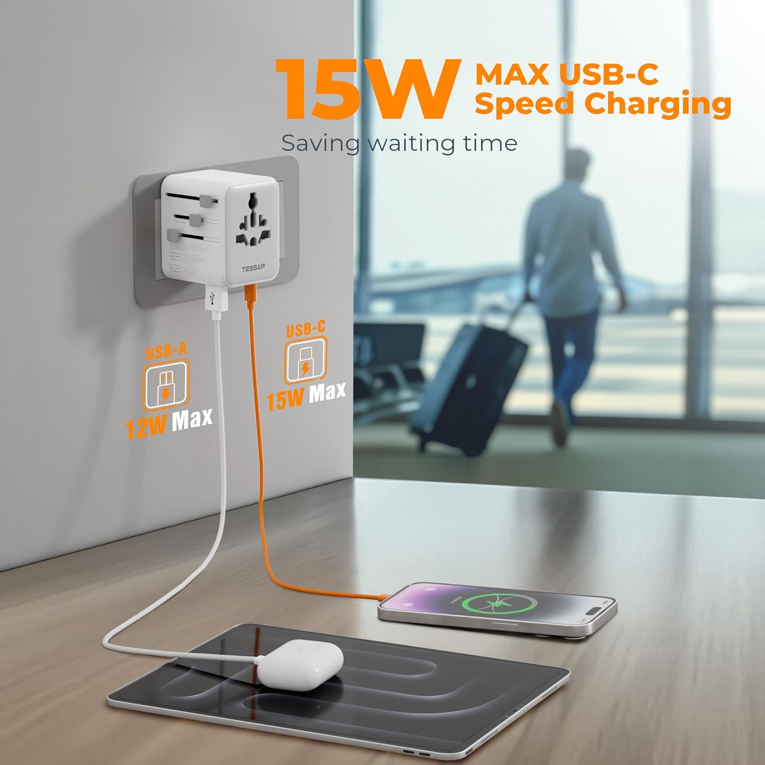 TESSAN Universal Travel Adapter 28W, International Power Adapter with 3 USB C 2 USB A Charging Ports, Worldwide Plug Adaptor for US to European UK Italy Ireland New Zealand (Type C G A I) - Image 3