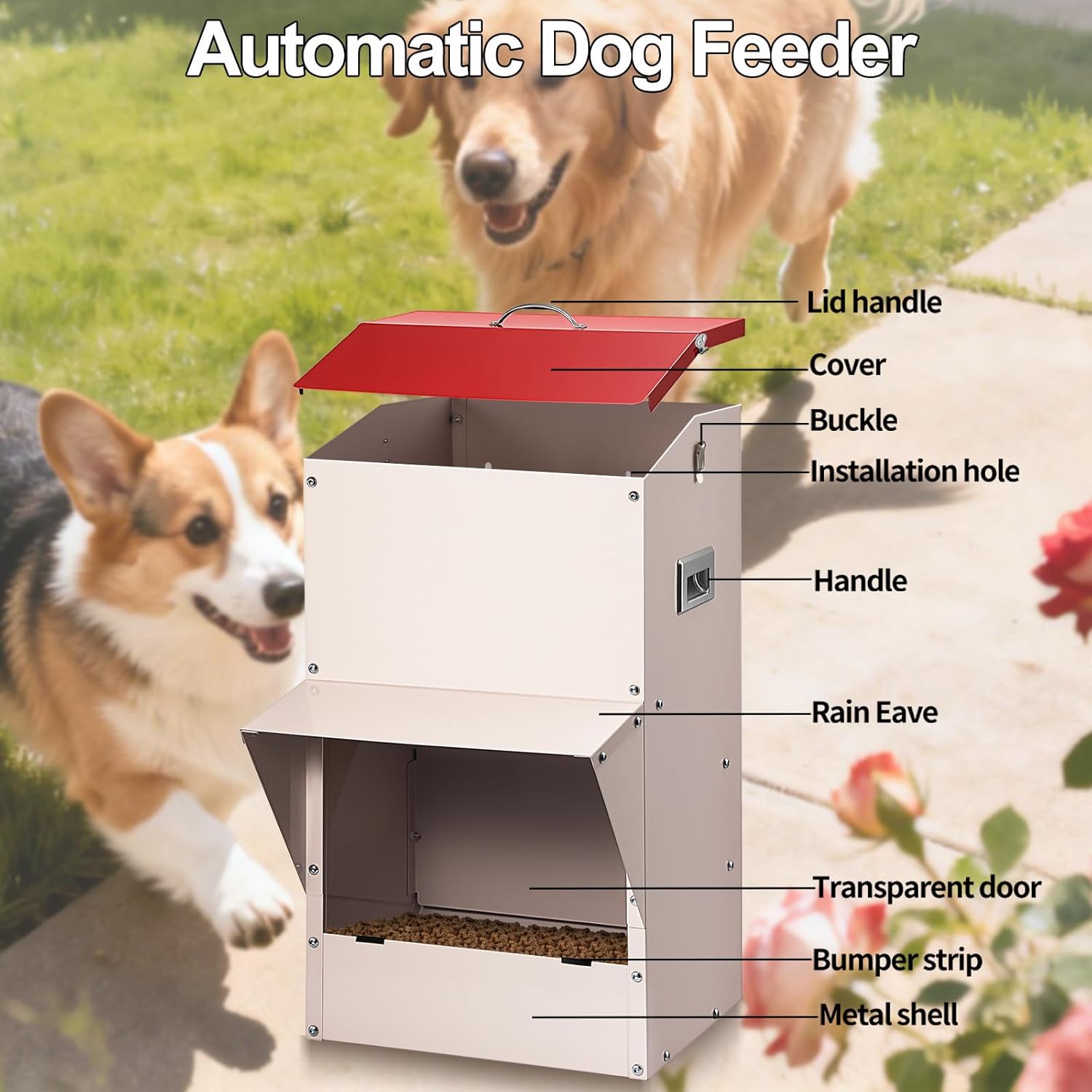 Outdoor Gravity Dog Feeder, 50 lb Large Capacity Automatic Dog Food Dispenser, Heavy Steel Weather-Resistant Pet Feeder with Clear Viewing Door, Wall or Ground Mount for Large Dogs - Image 3