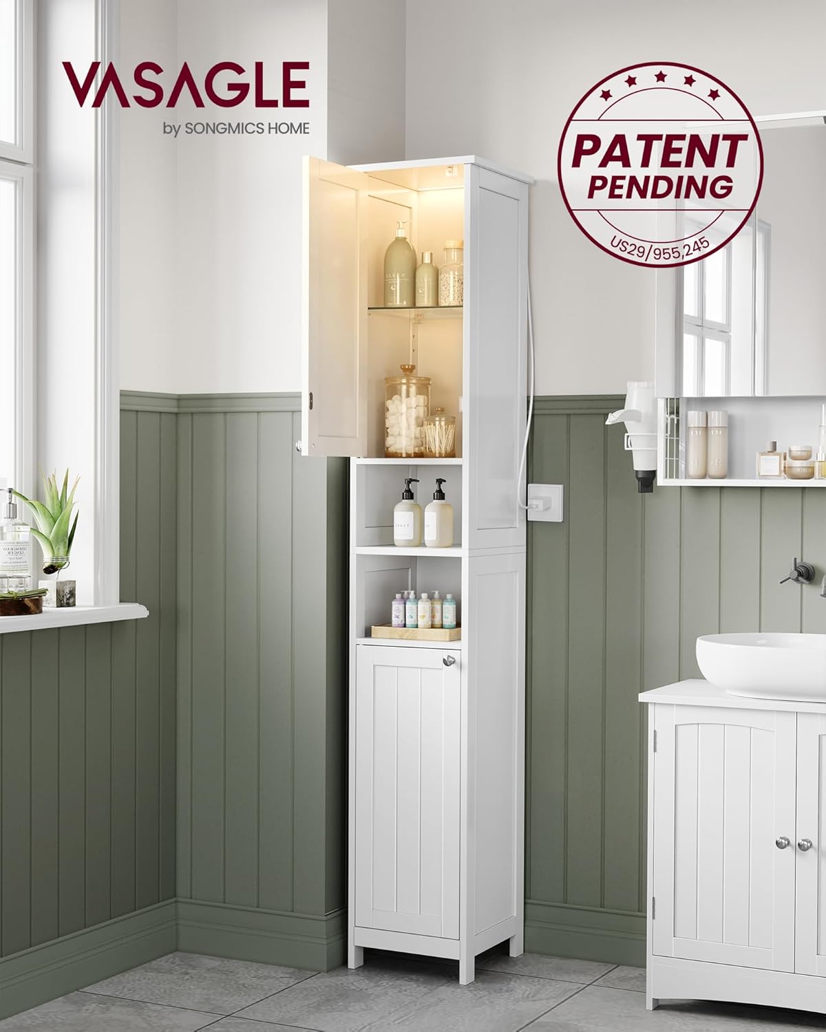 VASAGLE Tall Storage Cabinet with Lights, Slim Freestanding Cabinet with Adjustable Shelves, for Small Spaces, Bathroom, Living Room, Modern, 11.8 Inches Wide, Cloud White UBBC566W02V1 - Image 4