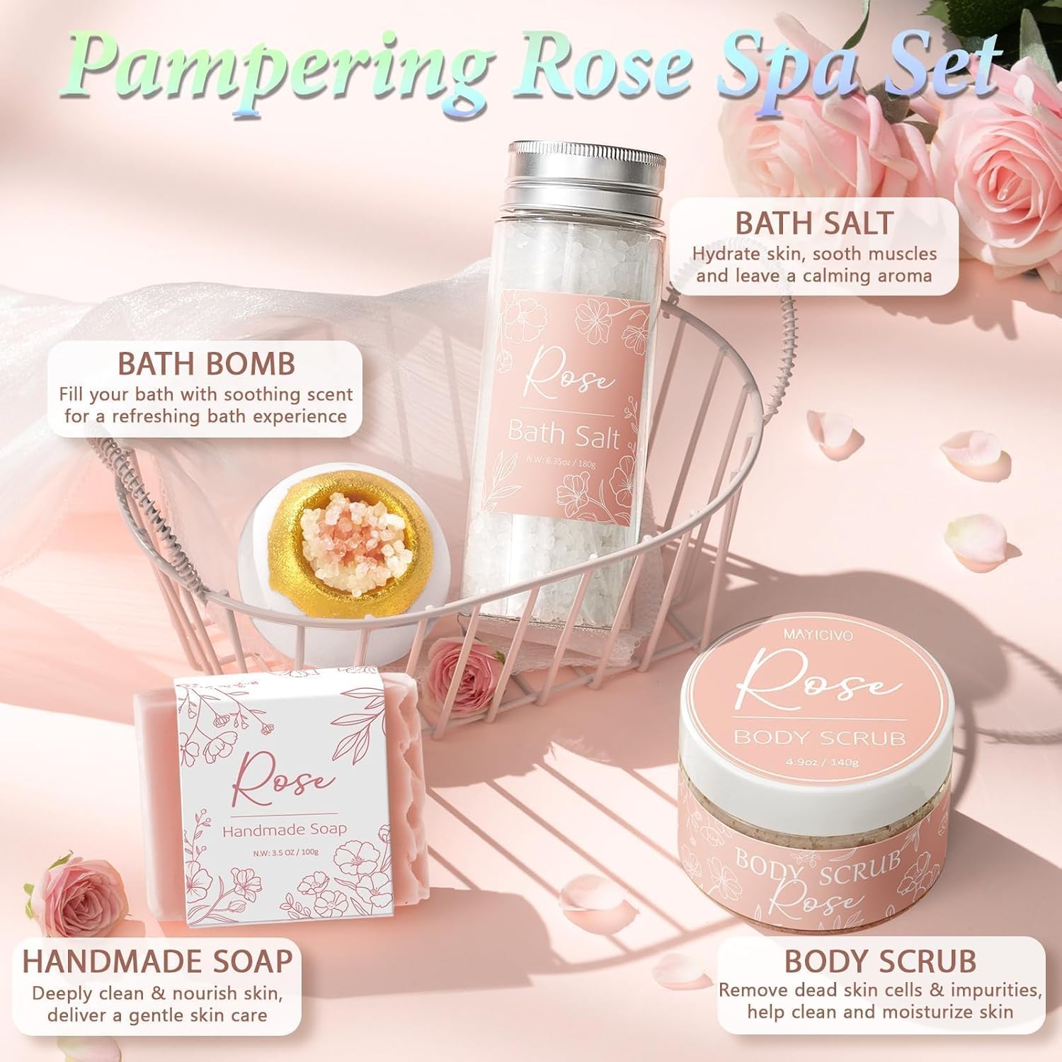 Spa Gifts for Women Bath Gift Set, Rose Relaxing Spa Gift Baskets Home Bath Set Self Care Kit Care Package Thank You Birthday Easter Gifts Basket for Women Her Mom Sister Friends Teen Girls Wife - Image 5