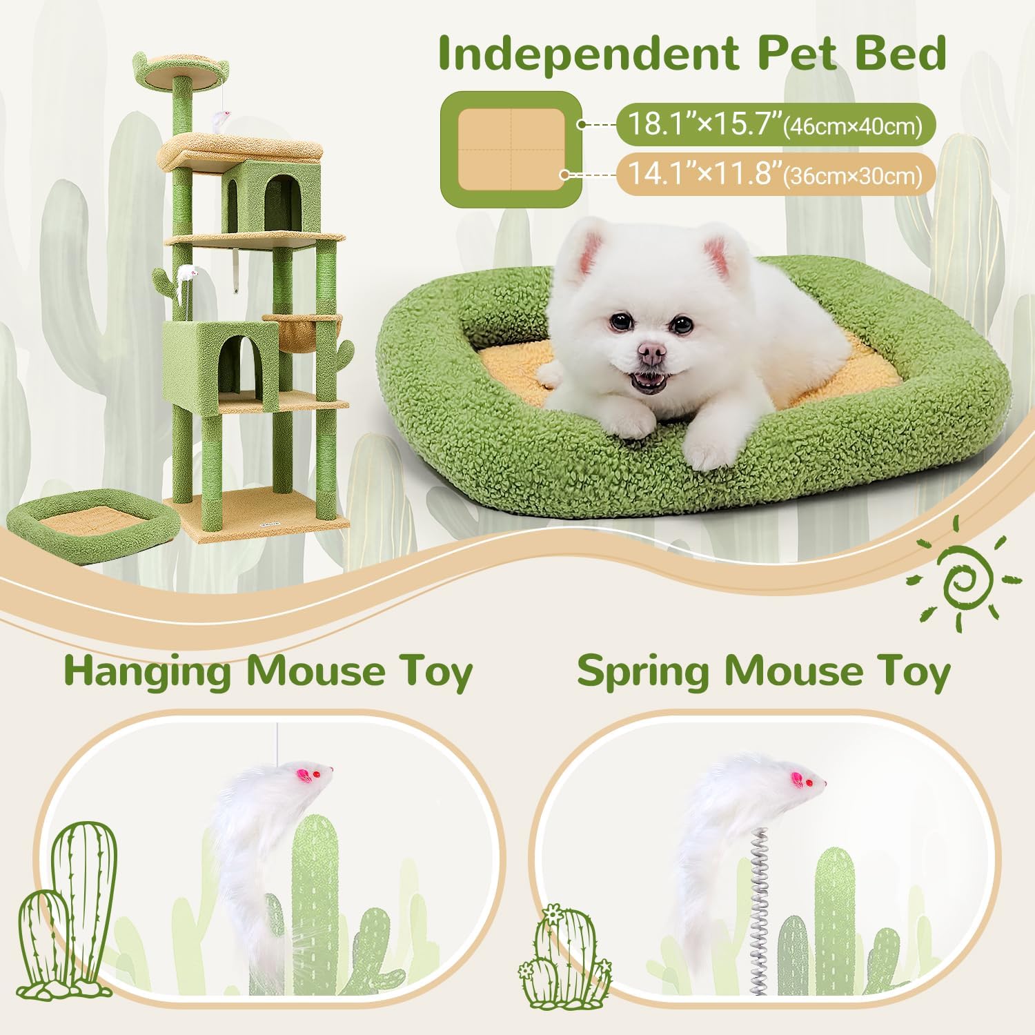 Globlazer Heavy Duty Cactus Cat Tree for Large Cats, Sturdy 72in Maine Coon Cat Tree for Large 20 lbs+ Cactus Cat Tower for Adult Biggest Cats with 6 Scratching Posts, Hammock, S72, Green - Image 5