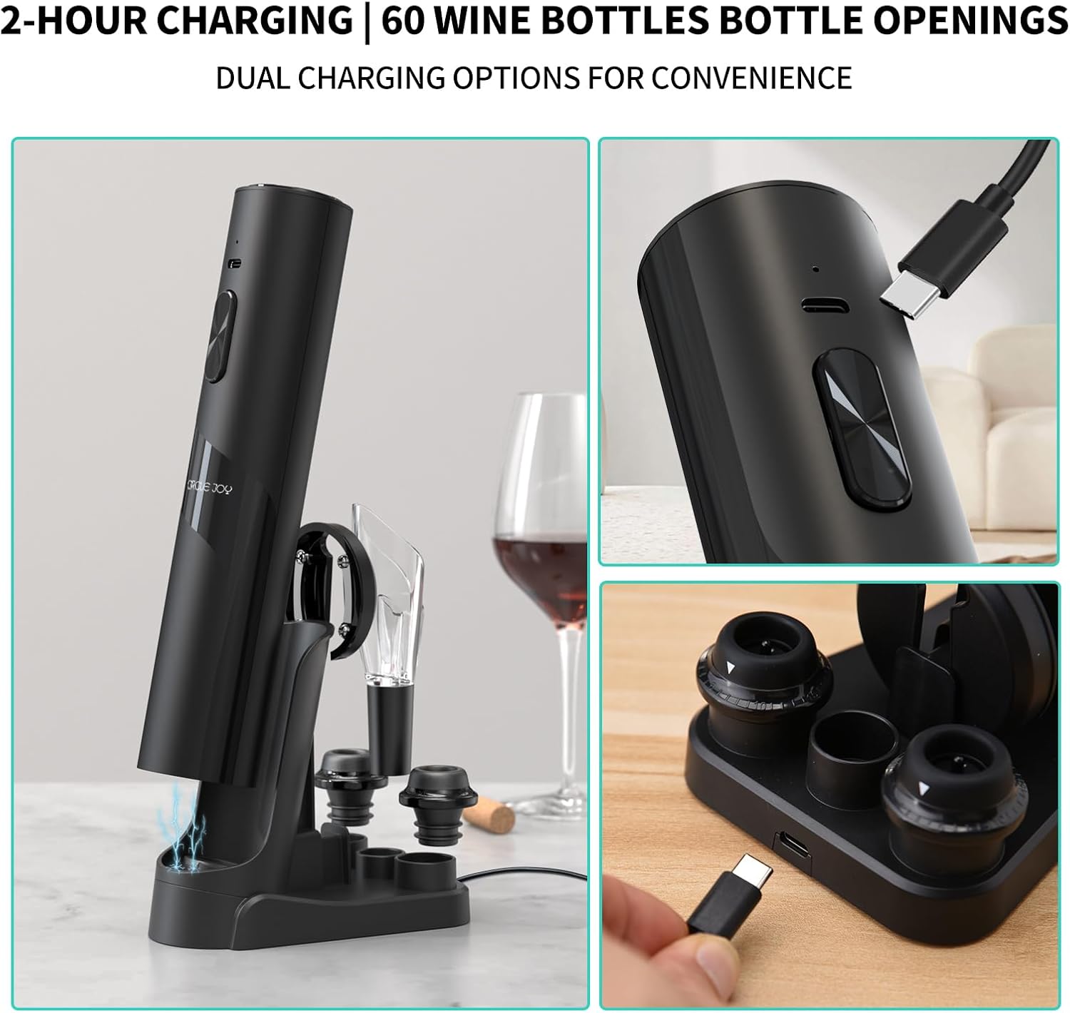 CIRCLE JOY Rechargeable Wine Opener Electric Wine Bottle Opener 7-in-1 Wine Gift Set with Electric Vacuum Pump, Charging Station, Foil Cutter, Wine Aerator Pourer and 2 Wine Stoppers - Image 3